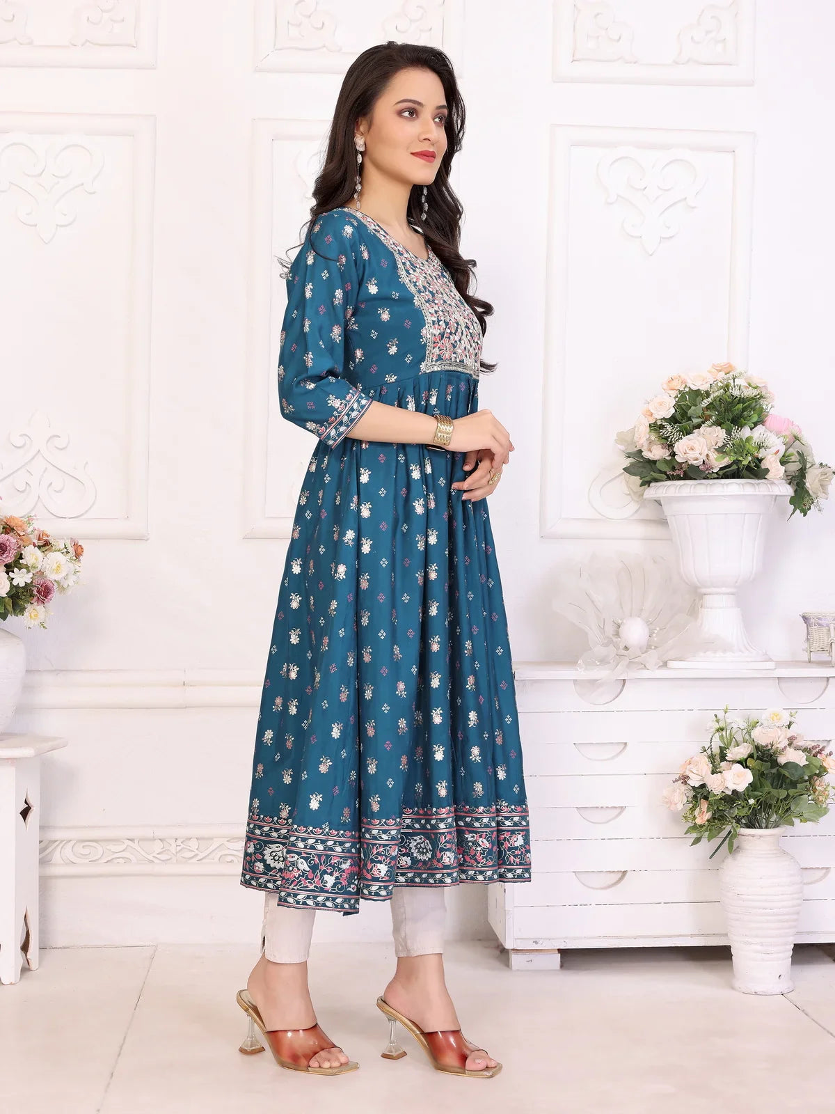 Buy Viscose Blend Embroidered Calf Length Anarkali Kurta-Teal