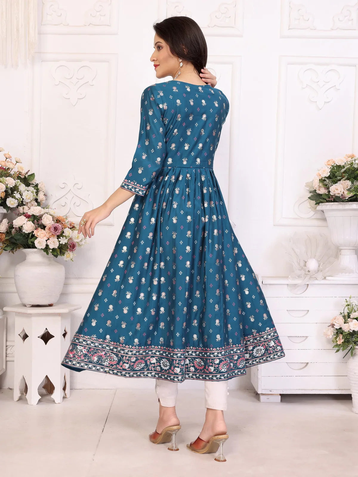 Buy Viscose Blend Embroidered Calf Length Anarkali Kurta-Teal