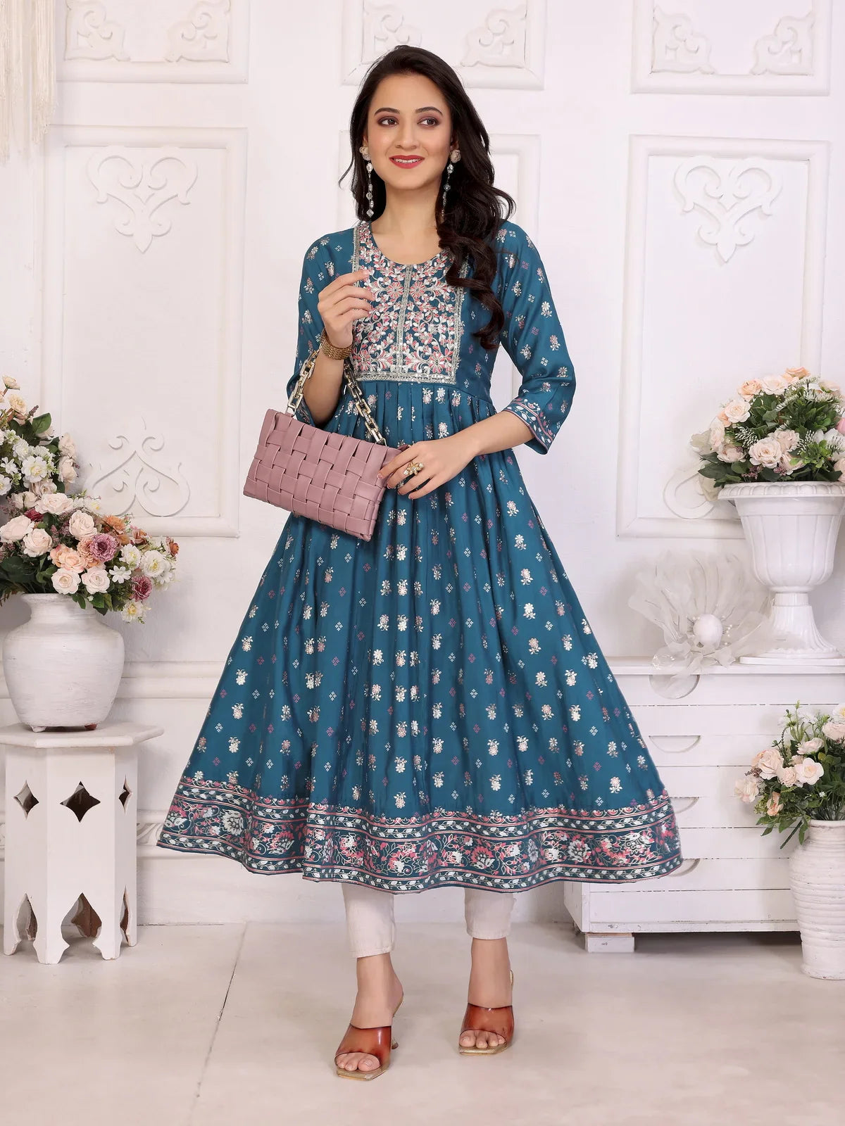 Buy Viscose Blend Embroidered Calf Length Anarkali Kurta-Teal