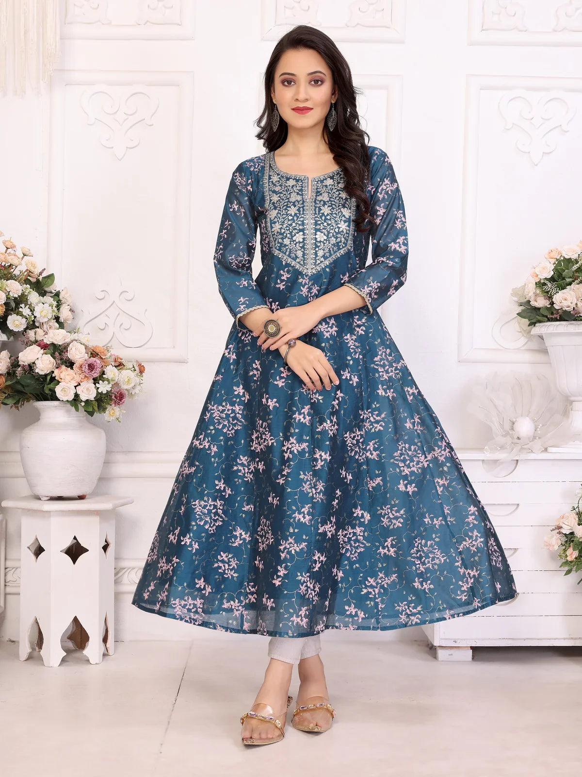 Buy Viscose Blend Embroidered Calf Length Flared Kurta-Blue