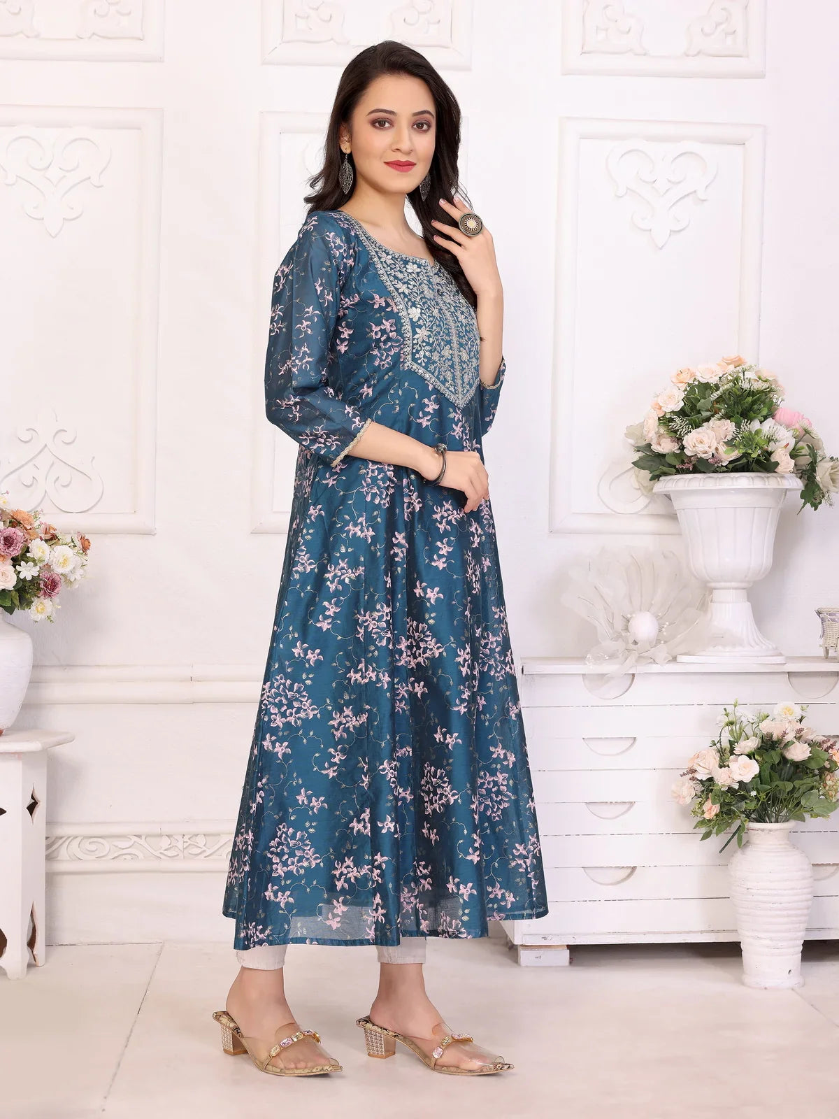 Buy Viscose Blend Embroidered Calf Length Flared Kurta-Blue