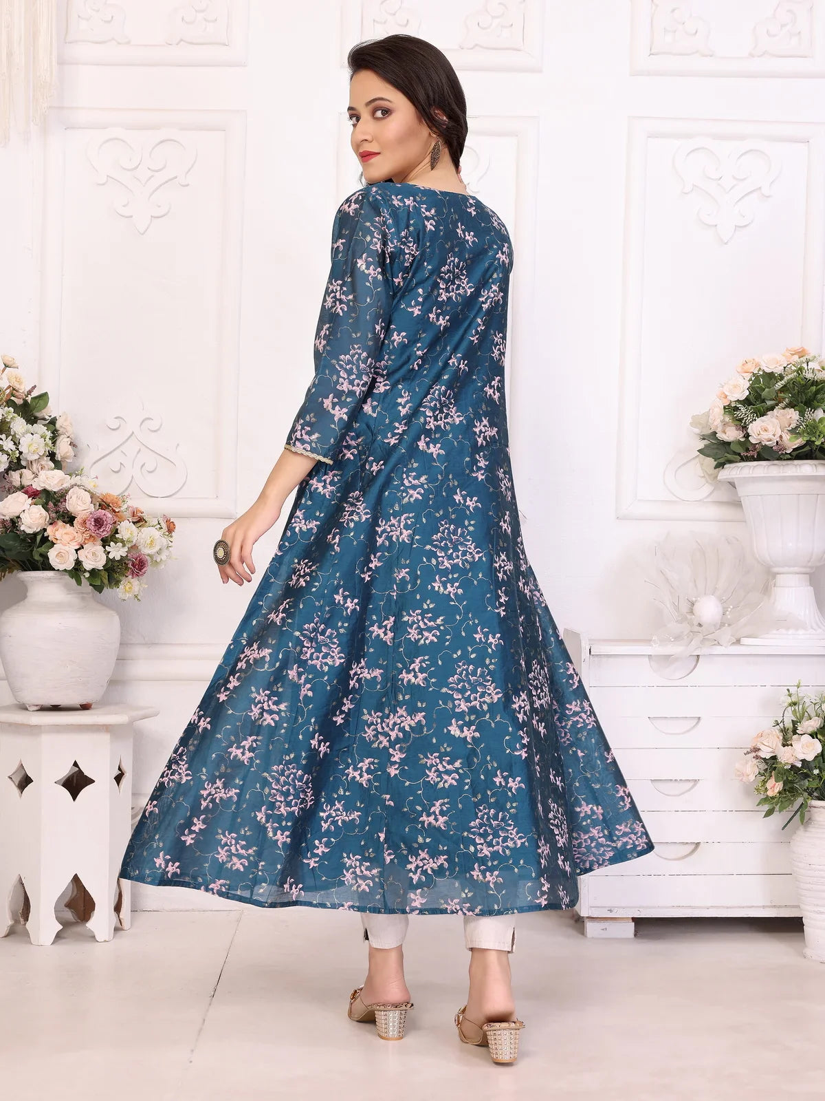 Buy Viscose Blend Embroidered Calf Length Flared Kurta-Blue