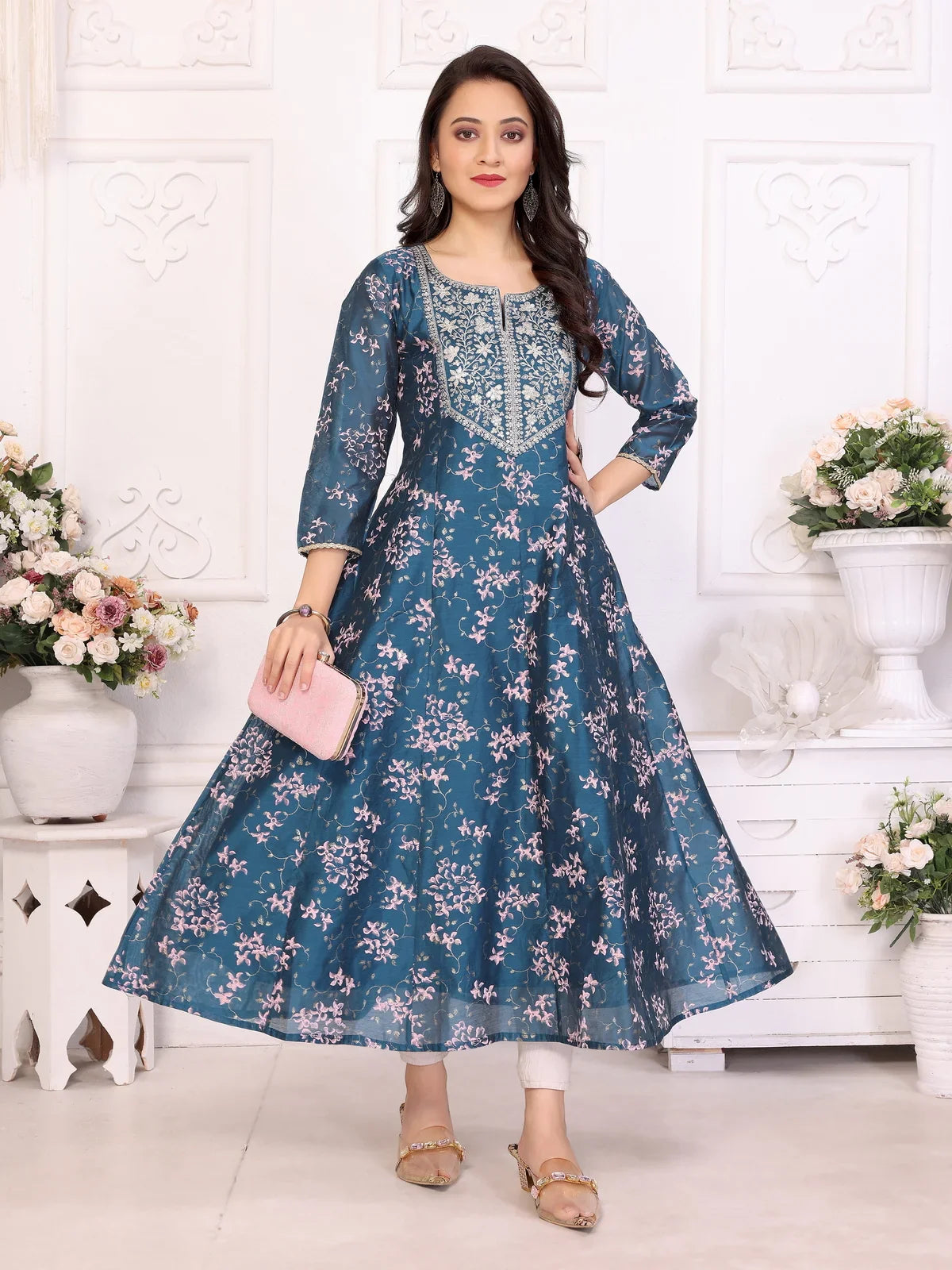 Buy Viscose Blend Embroidered Calf Length Flared Kurta-Blue