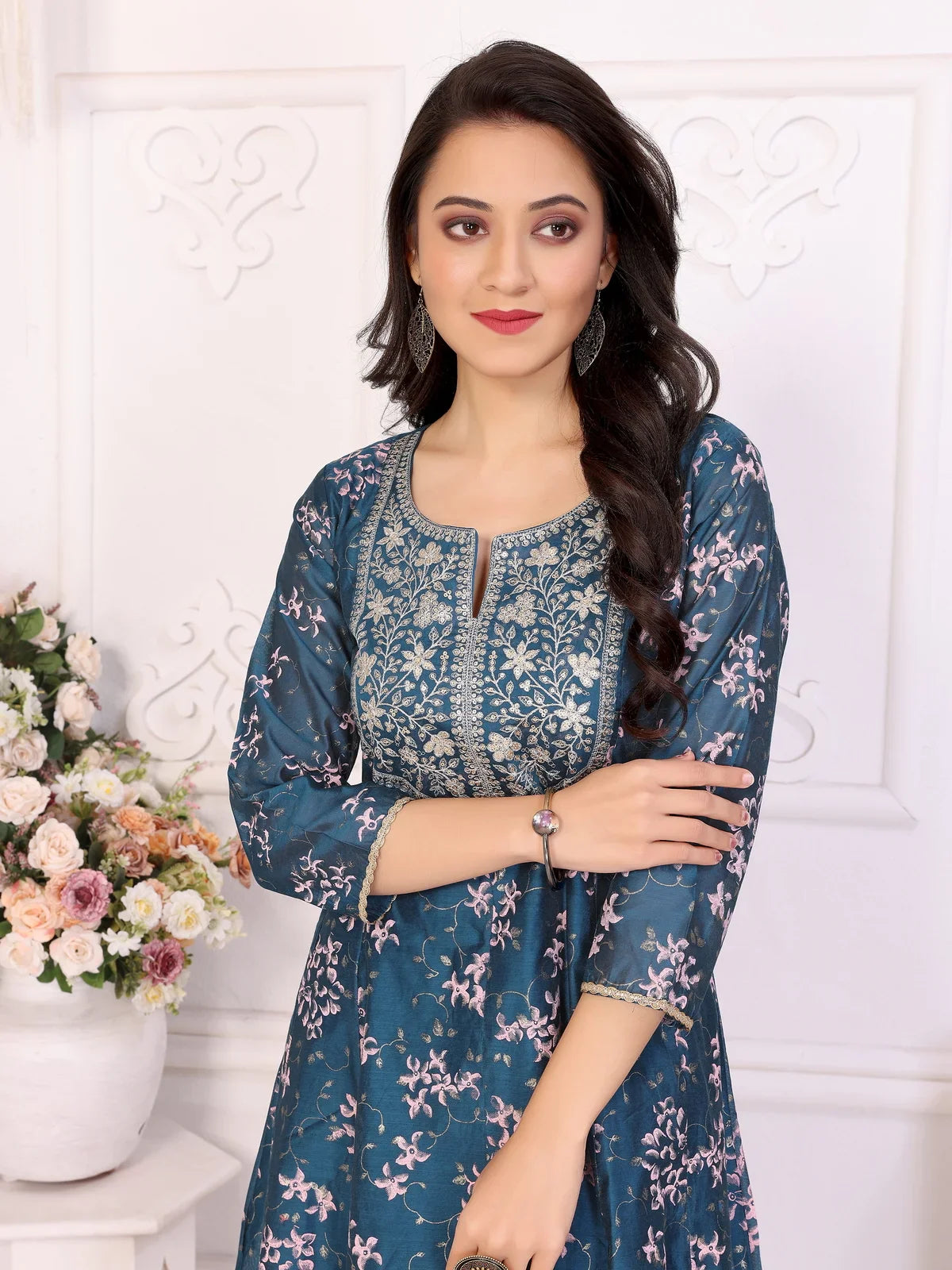 Buy Viscose Blend Embroidered Calf Length Flared Kurta-Blue