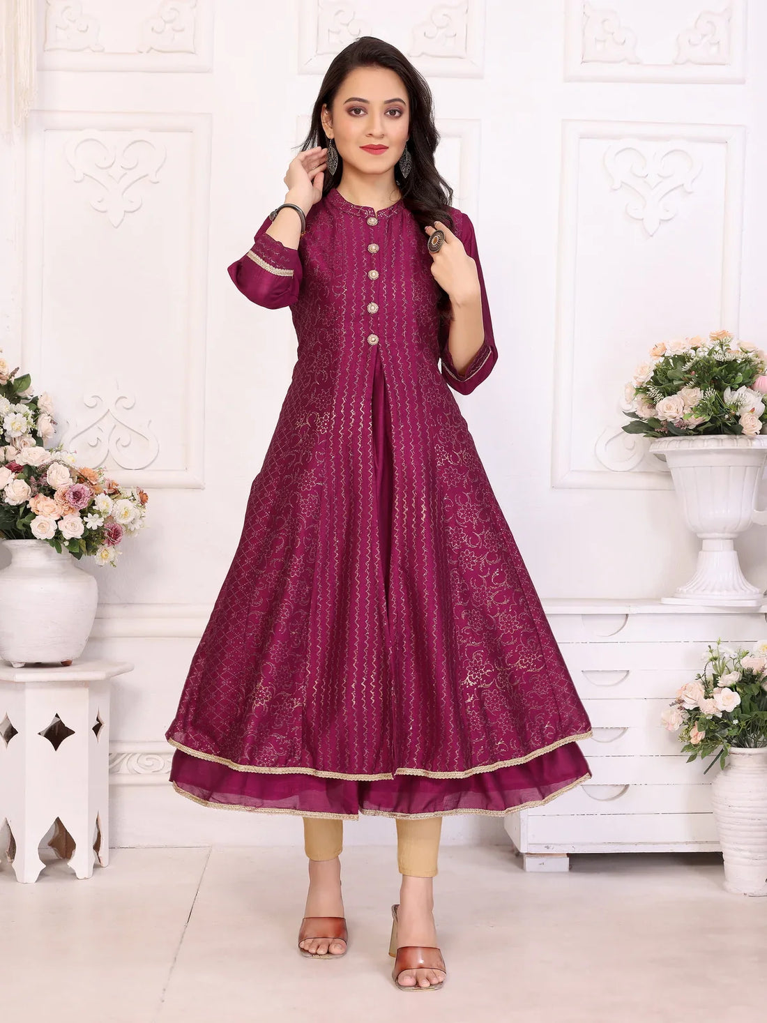 Buy Polyester Printed Calf Length Anarkali Kurta-Wine