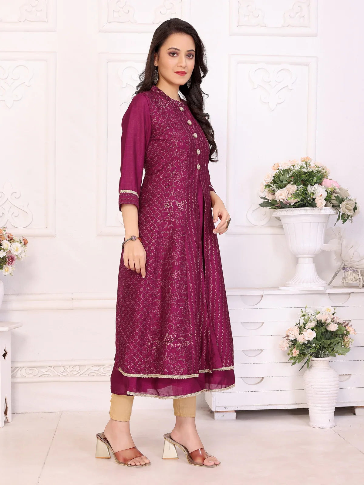 Buy Polyester Printed Calf Length Anarkali Kurta-Wine