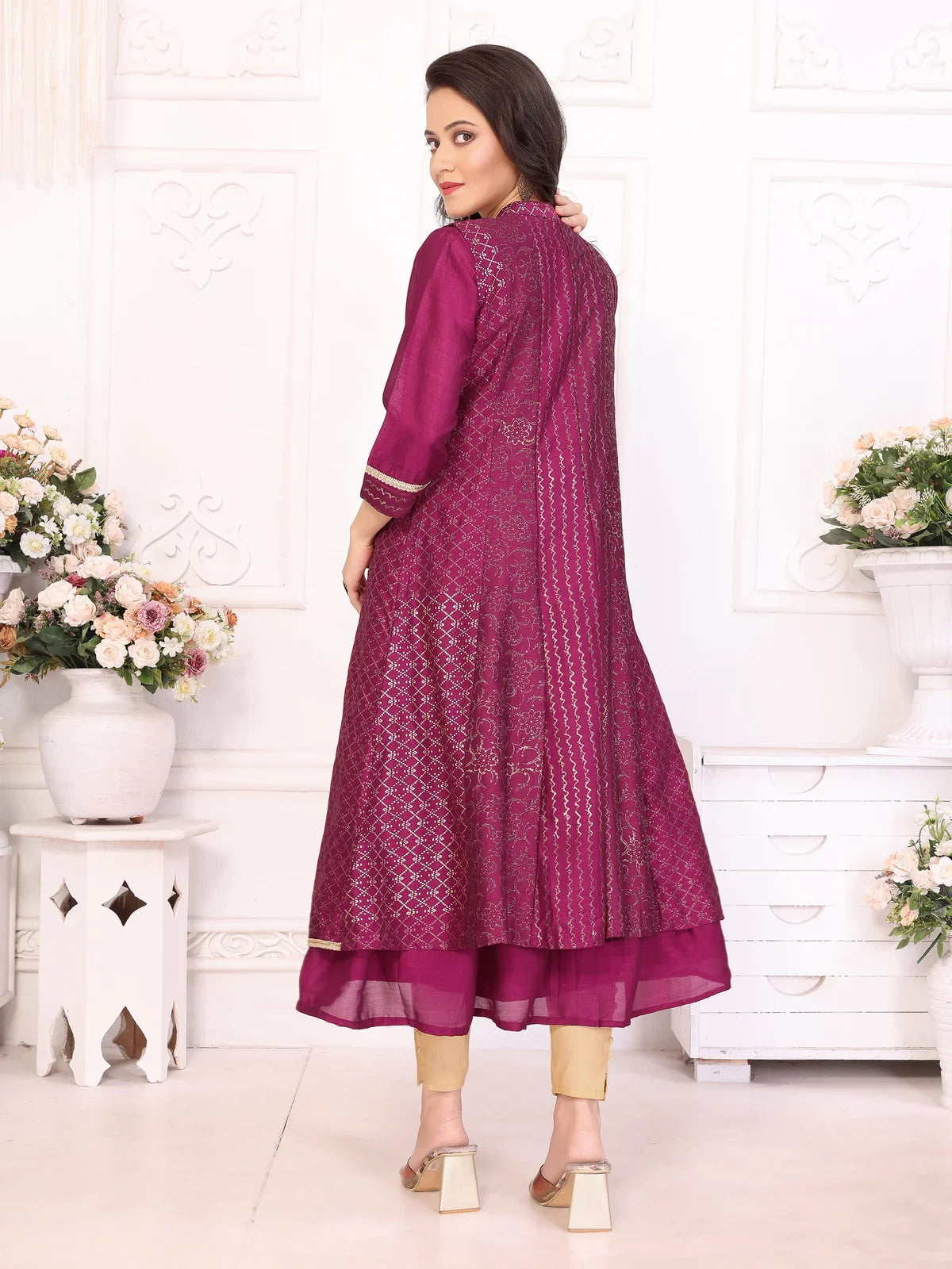 Buy Polyester Printed Calf Length Anarkali Kurta-Wine