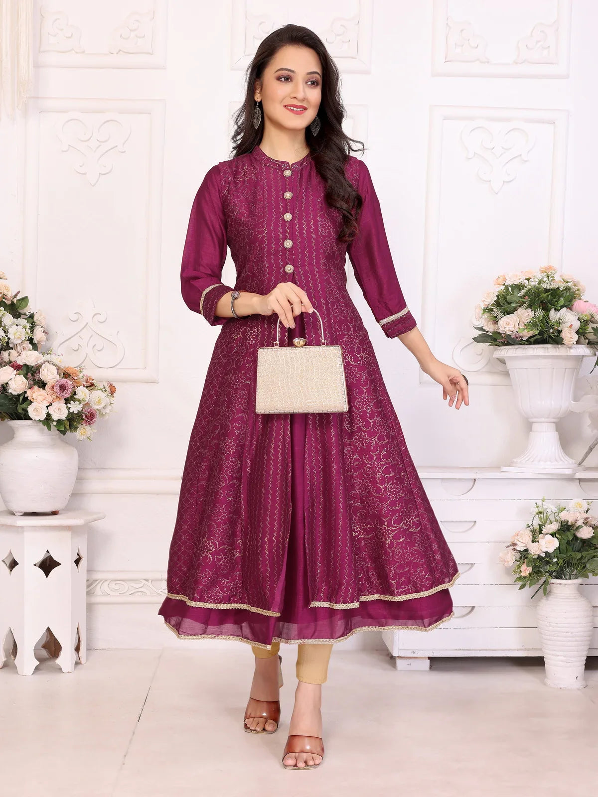 Buy Polyester Printed Calf Length Anarkali Kurta-Wine