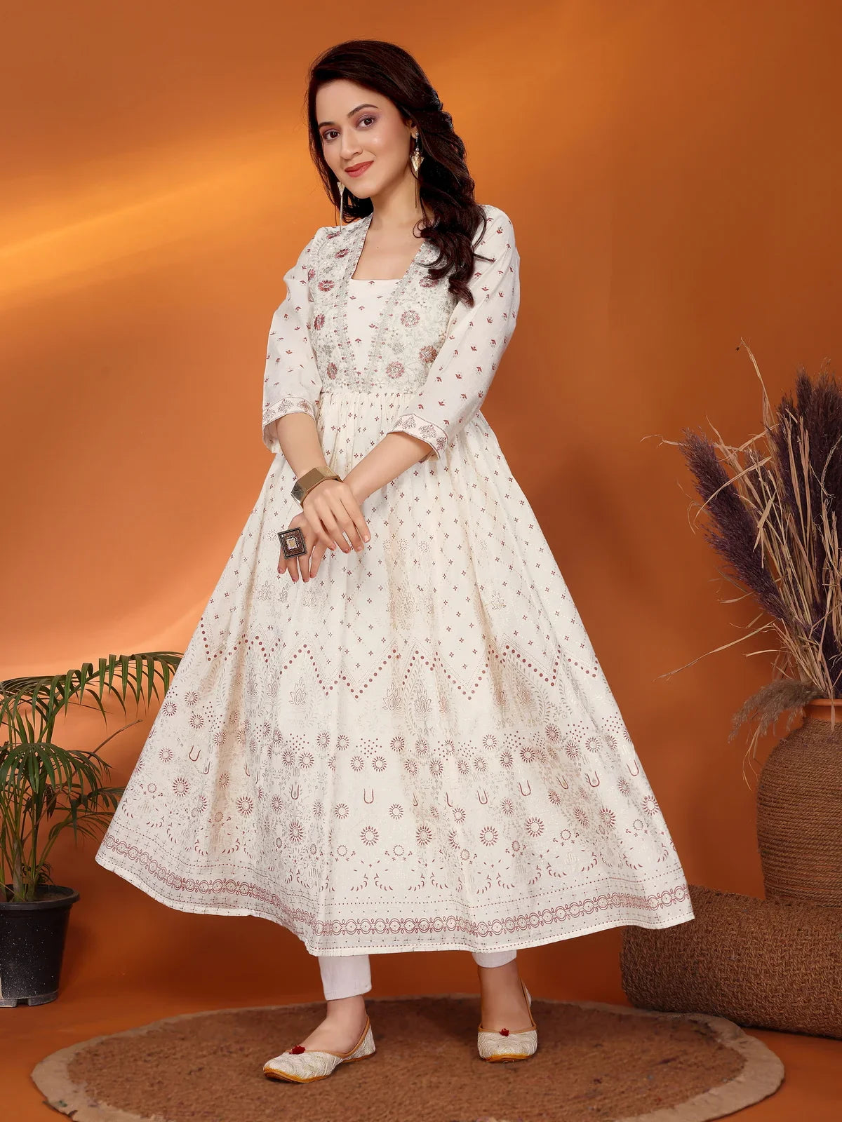 Buy Viscose Blend Embroidered Calf Length Anarkali Kurta-Off White