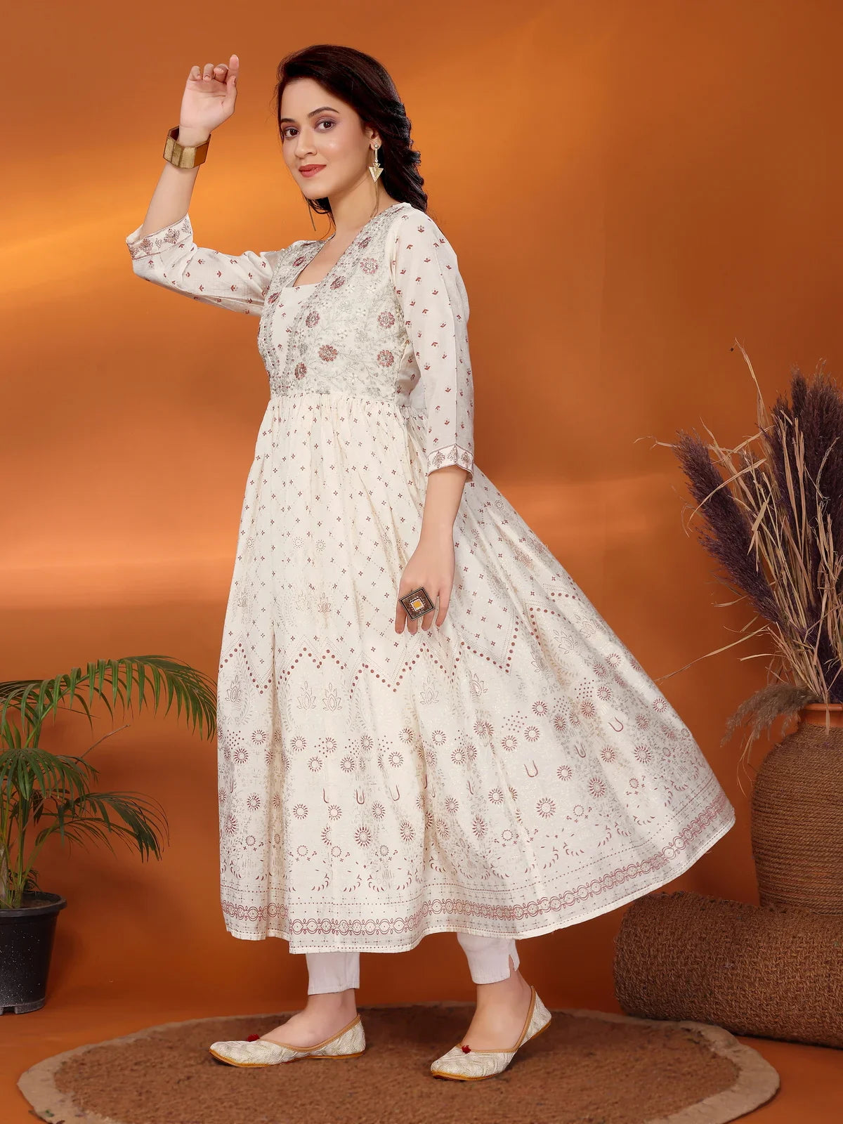 Buy Viscose Blend Embroidered Calf Length Anarkali Kurta-Off White