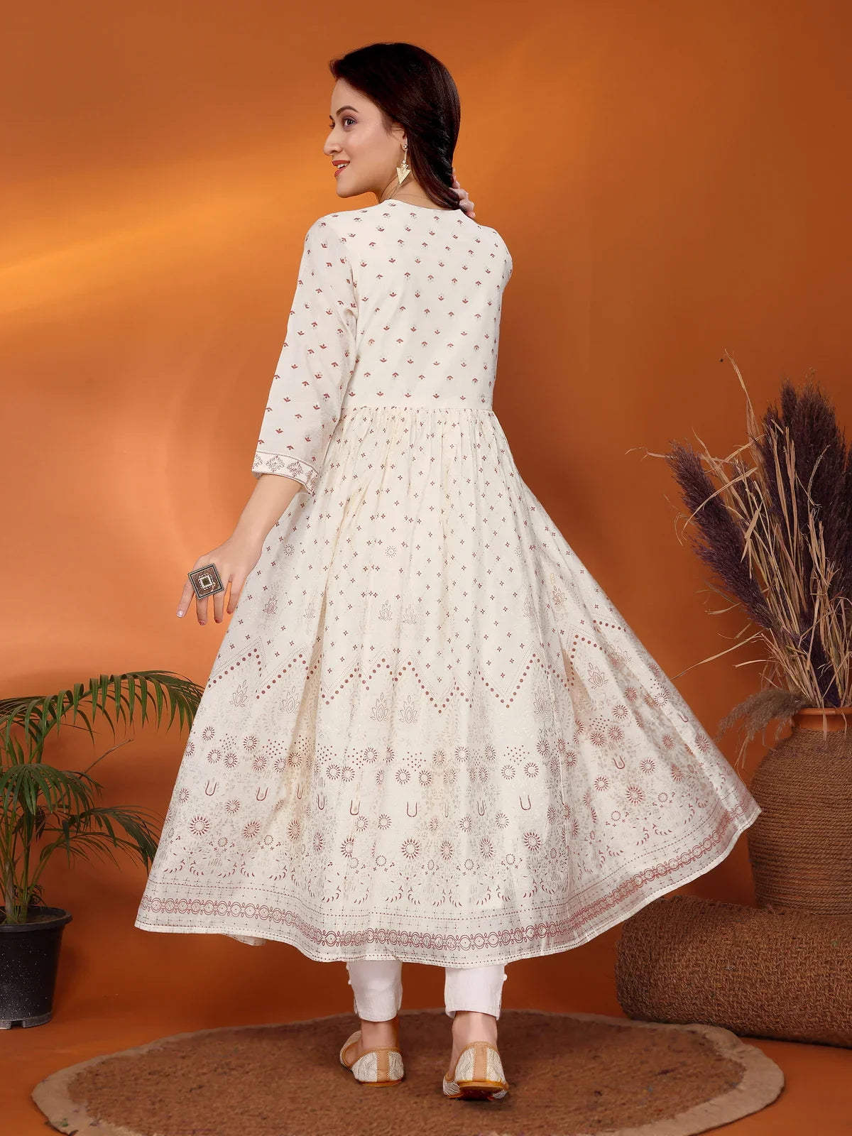 Buy Viscose Blend Embroidered Calf Length Anarkali Kurta-Off White