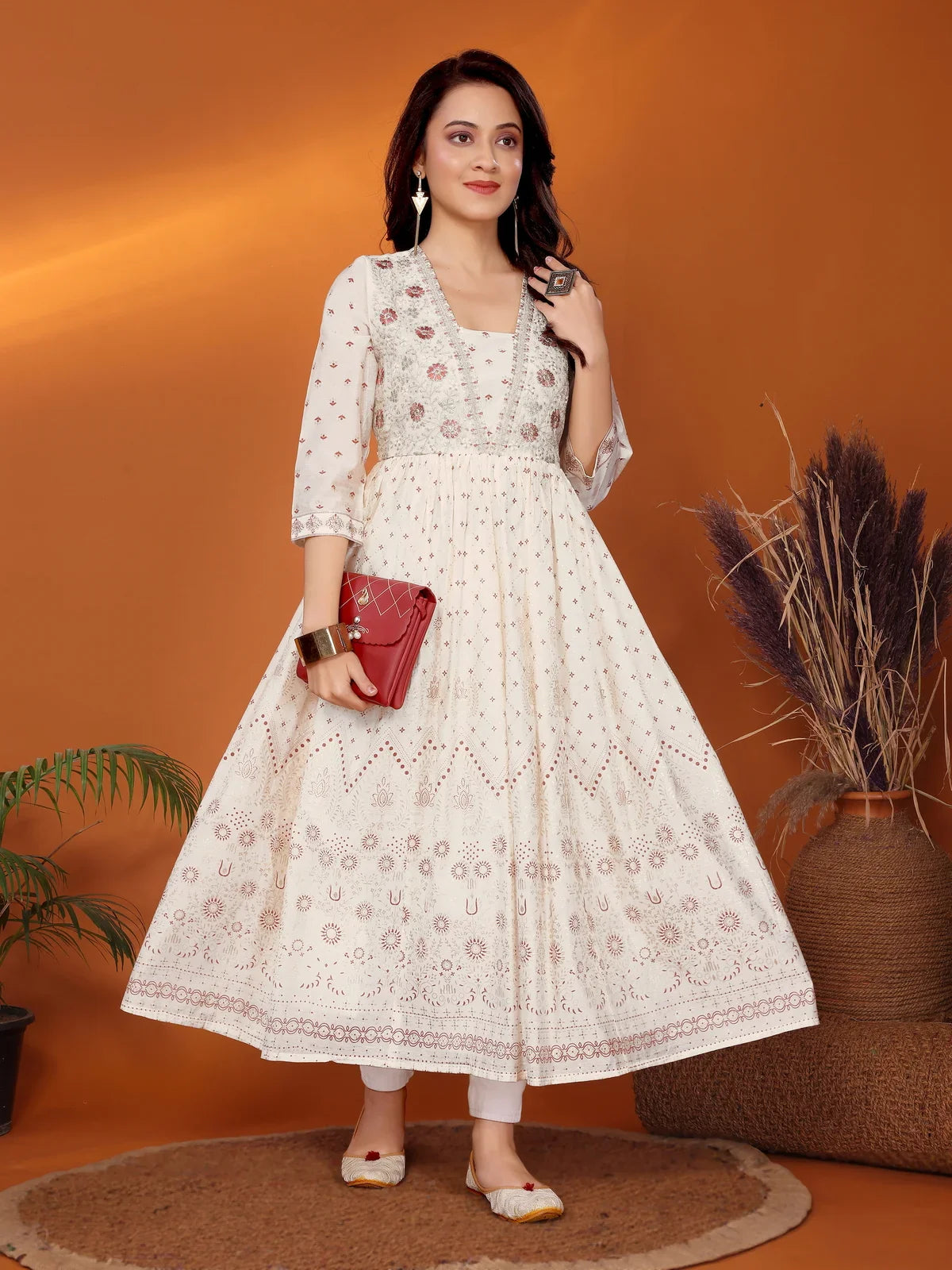 Buy Viscose Blend Embroidered Calf Length Anarkali Kurta-Off White