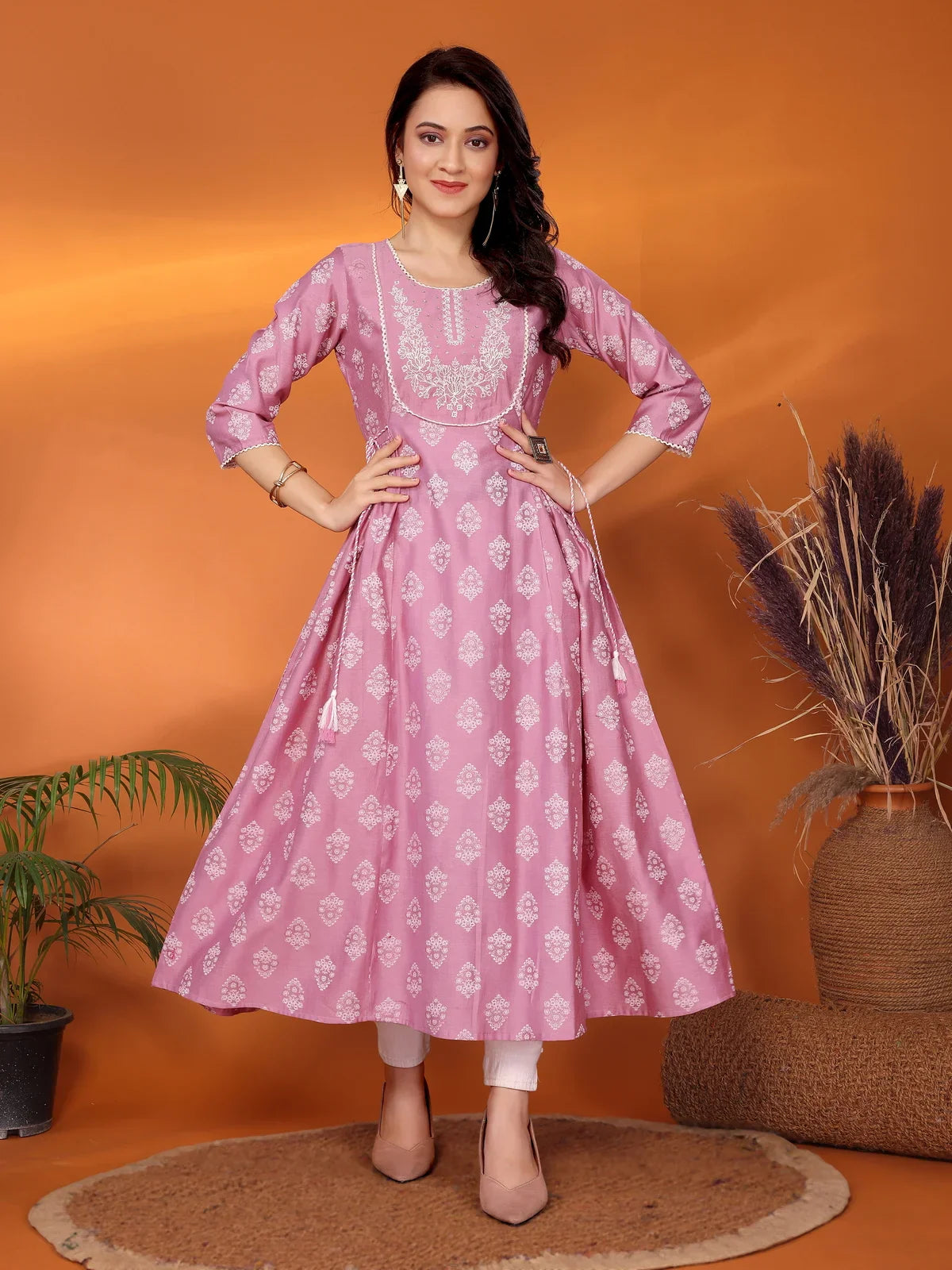 Buy Viscose Blend Embroidered Calf Length Flared Kurta-Pink