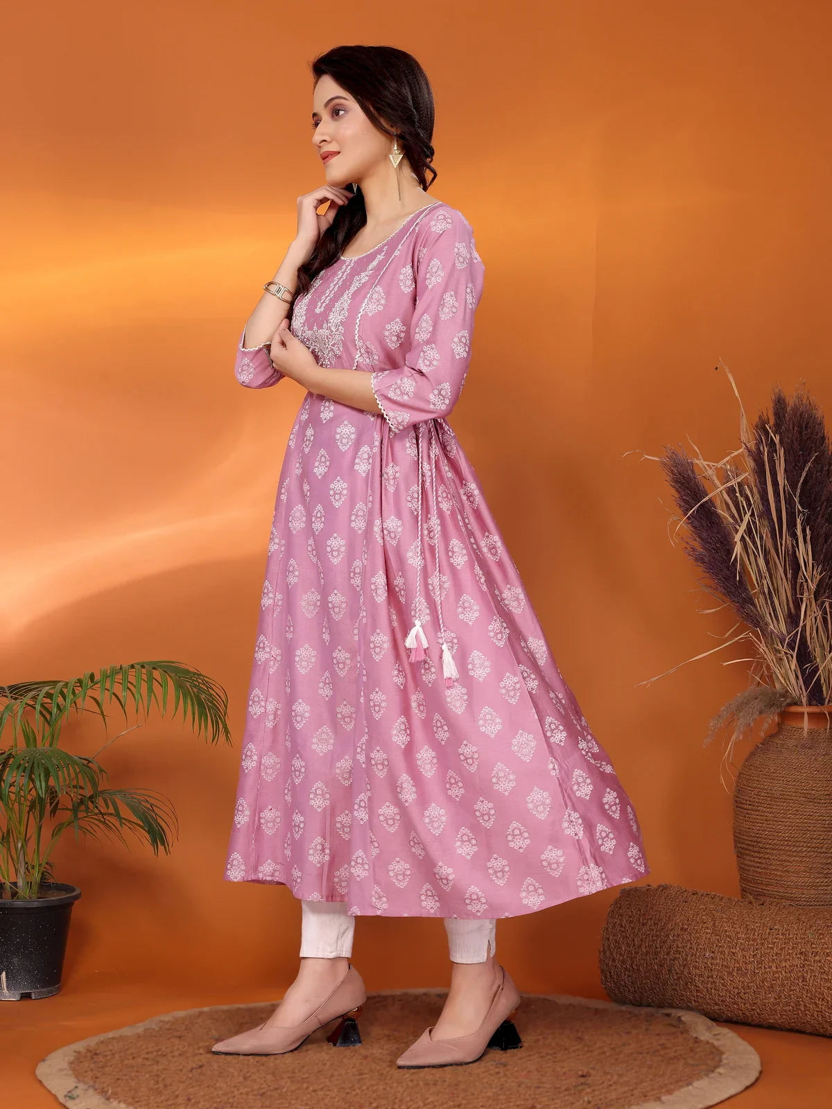 Buy Viscose Blend Embroidered Calf Length Flared Kurta-Pink