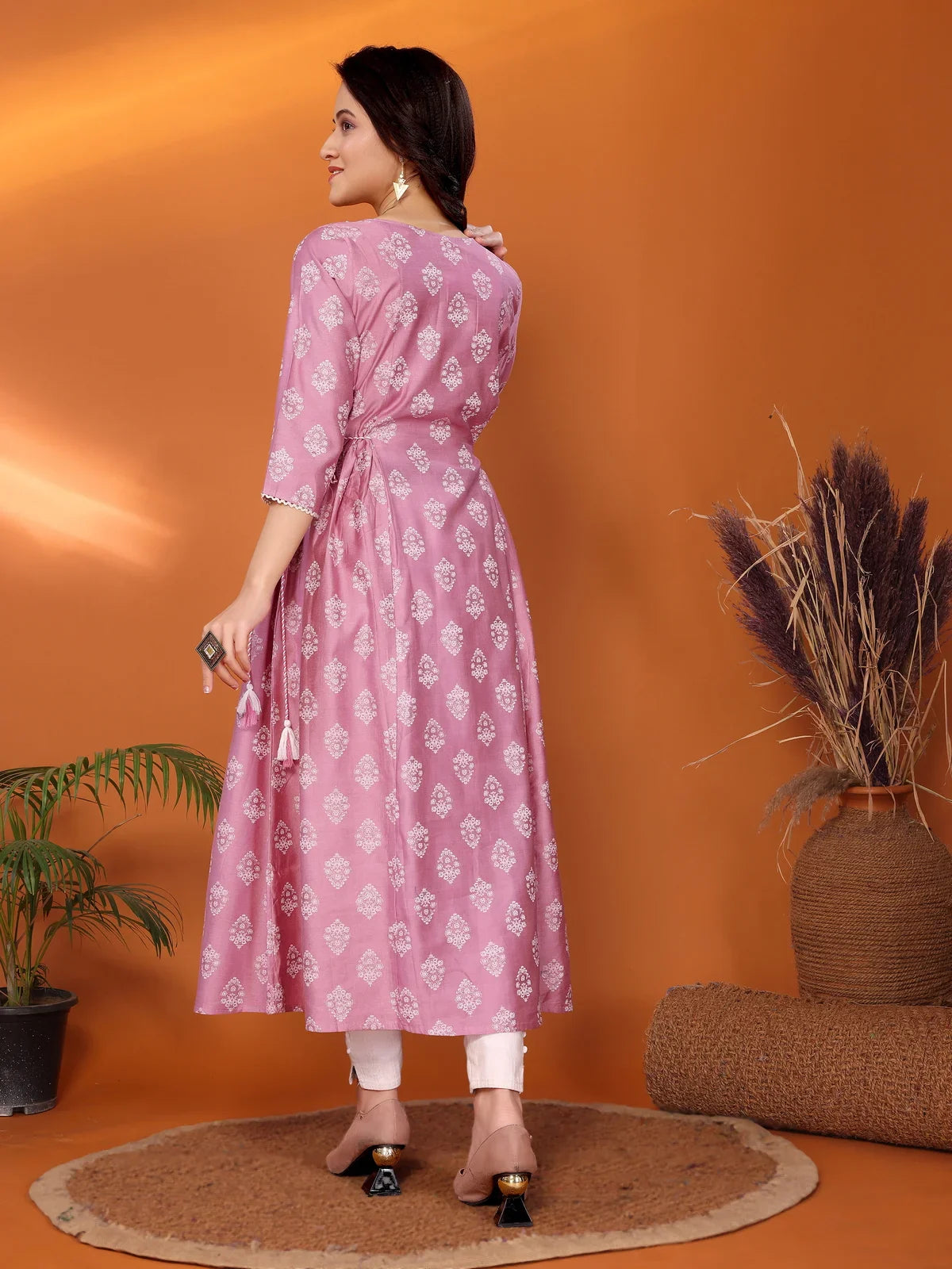 Buy Viscose Blend Embroidered Calf Length Flared Kurta-Pink