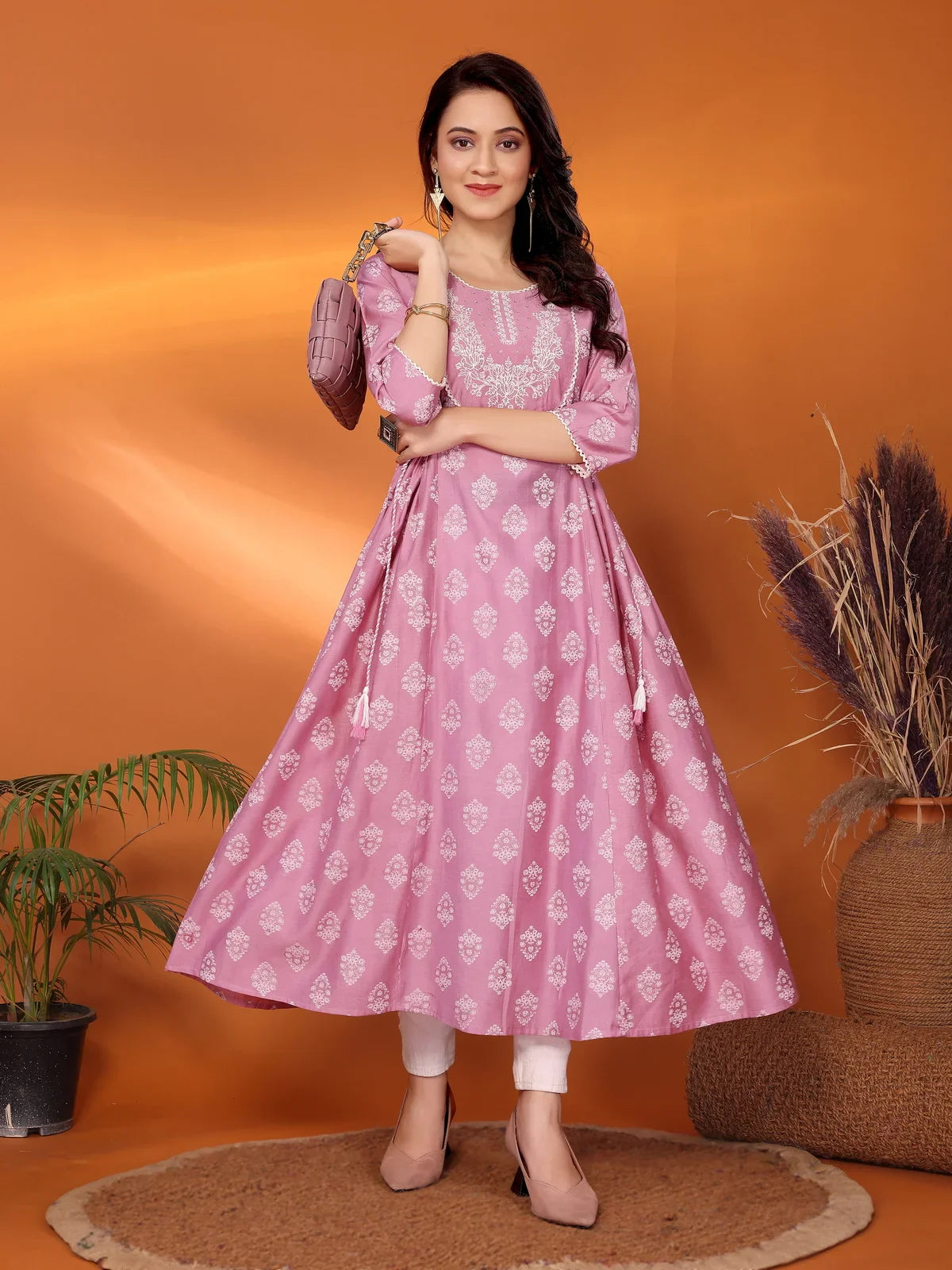 Buy Viscose Blend Embroidered Calf Length Flared Kurta-Pink