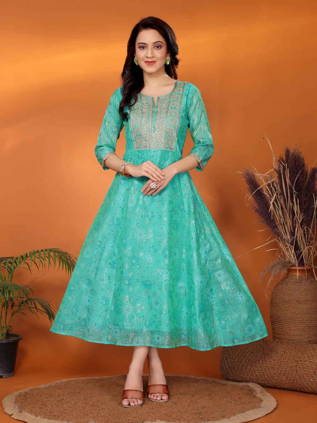 Buy Viscose Blend Embroidered Calf Length Flared Kurta-Sea Green