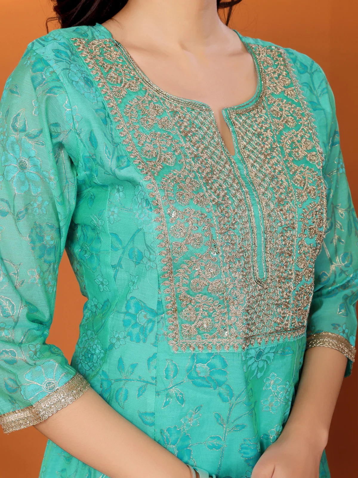 Buy Viscose Blend Embroidered Calf Length Flared Kurta-Sea Green