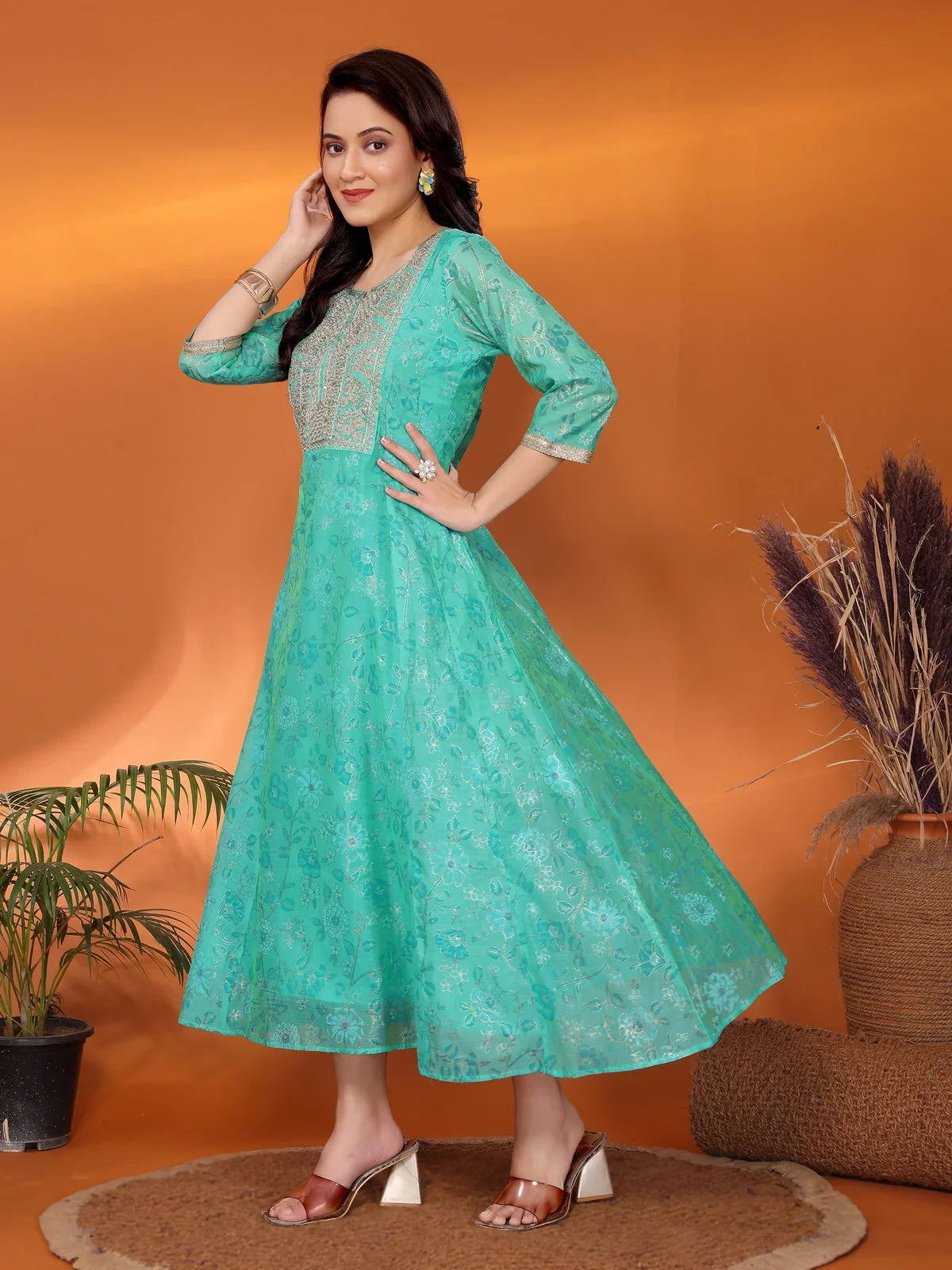 Buy Viscose Blend Embroidered Calf Length Flared Kurta-Sea Green