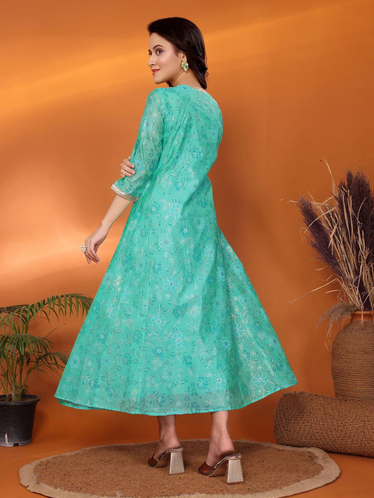 Buy Viscose Blend Embroidered Calf Length Flared Kurta-Sea Green