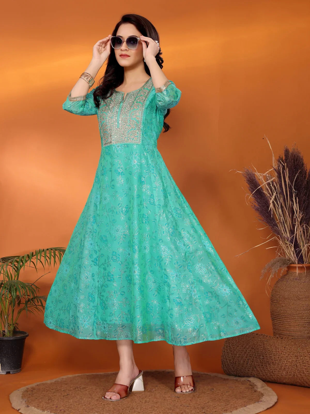 Buy Viscose Blend Embroidered Calf Length Flared Kurta-Sea Green