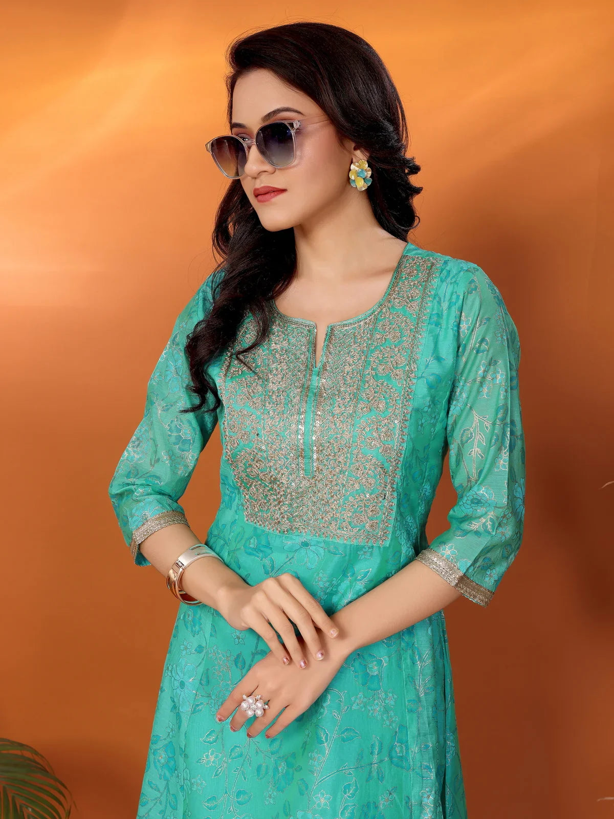 Buy Viscose Blend Embroidered Calf Length Flared Kurta-Sea Green