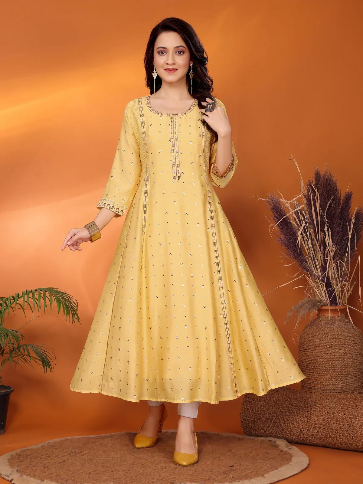 Buy Viscose Blend Printed Calf Length Anarkali Kurta-Yellow