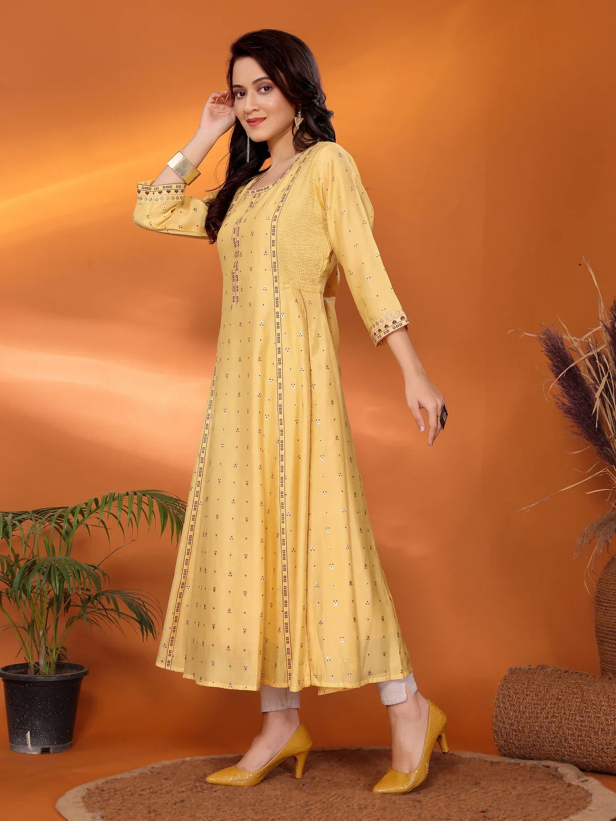 Buy Viscose Blend Printed Calf Length Anarkali Kurta-Yellow