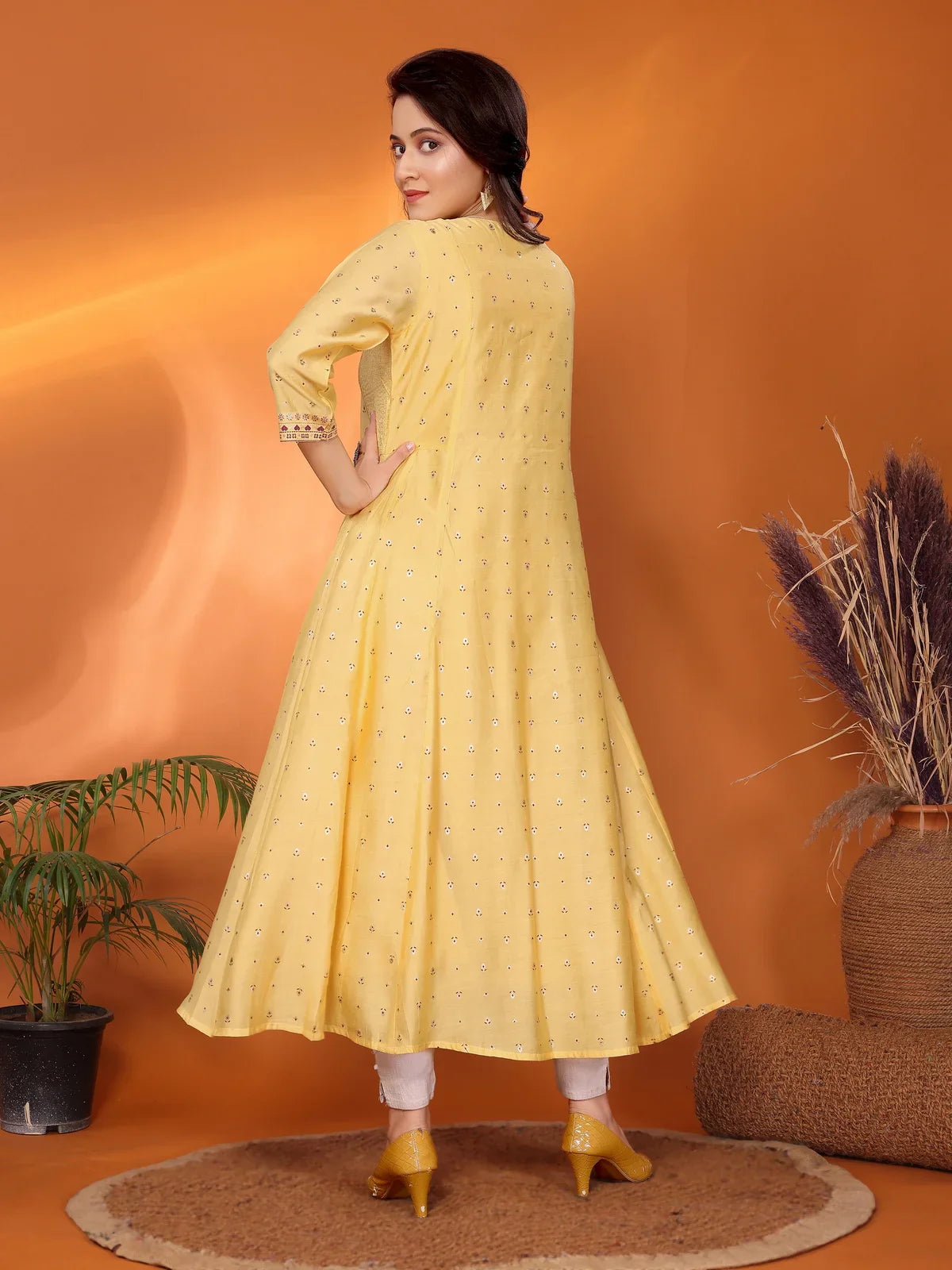 Buy Viscose Blend Printed Calf Length Anarkali Kurta-Yellow