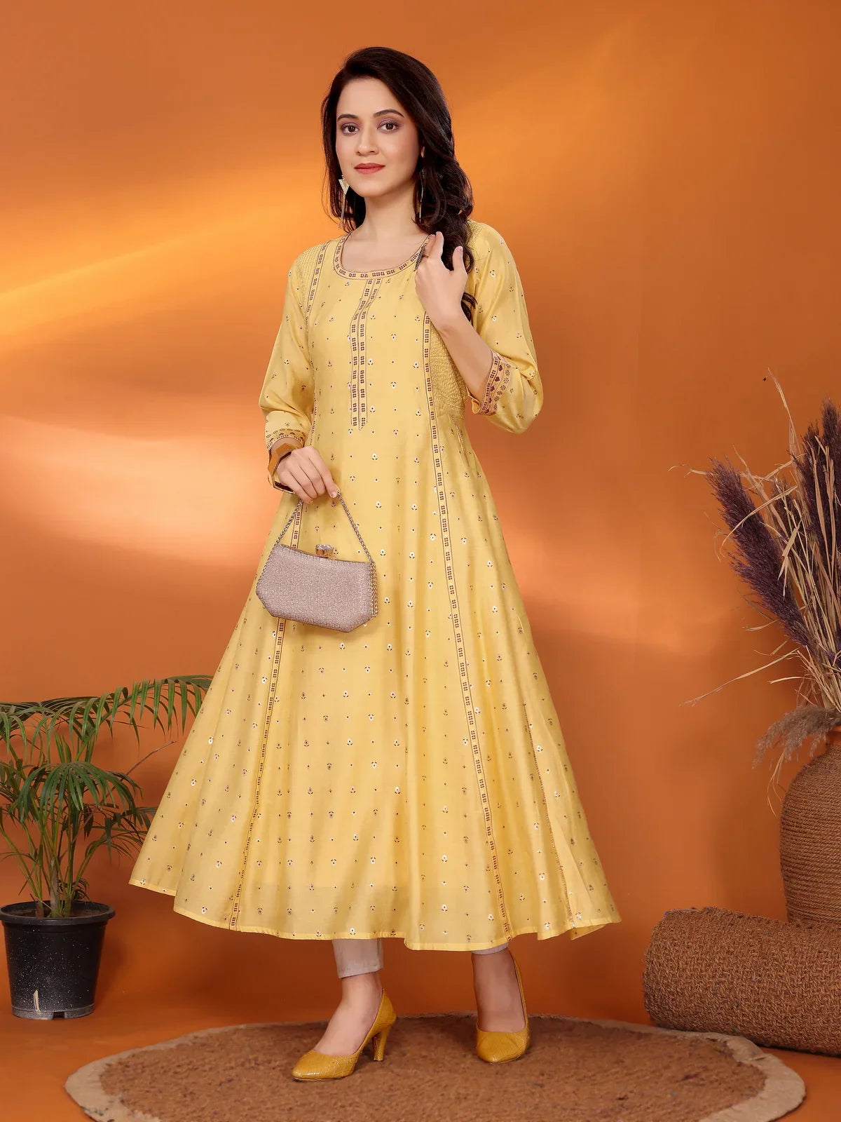 Buy Viscose Blend Printed Calf Length Anarkali Kurta-Yellow