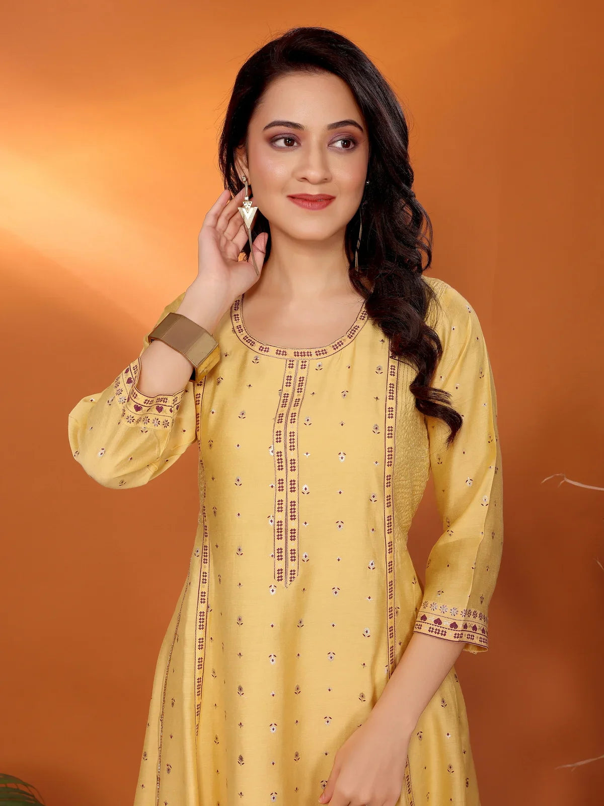 Buy Viscose Blend Printed Calf Length Anarkali Kurta-Yellow