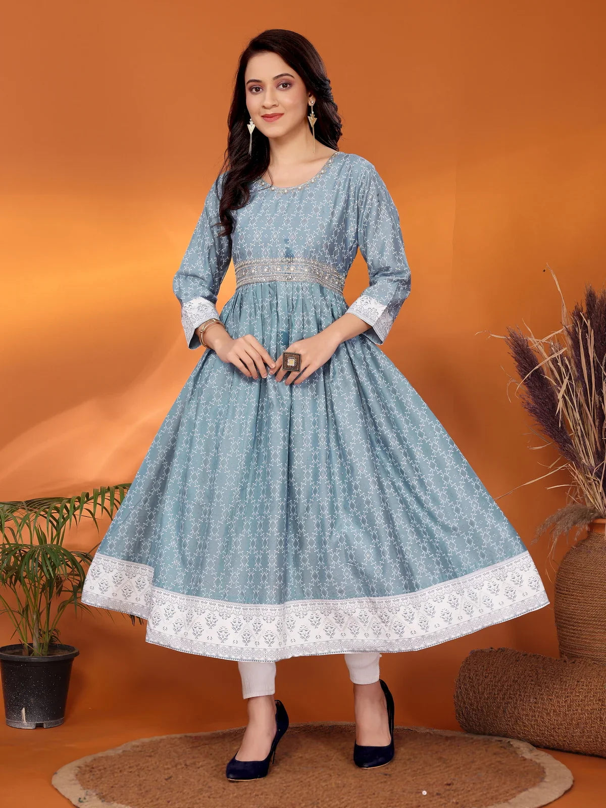 Buy Viscose Blend Embroidered Calf Length Anarkali Kurta-Grey