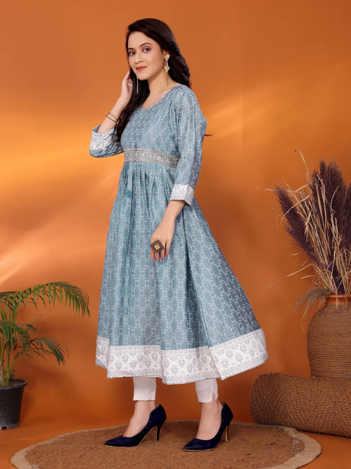 Buy Viscose Blend Embroidered Calf Length Anarkali Kurta-Grey