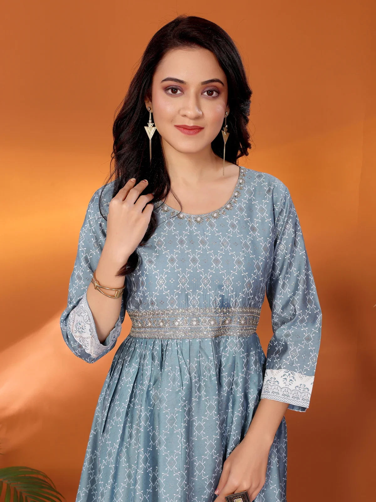 Buy Viscose Blend Embroidered Calf Length Anarkali Kurta-Grey