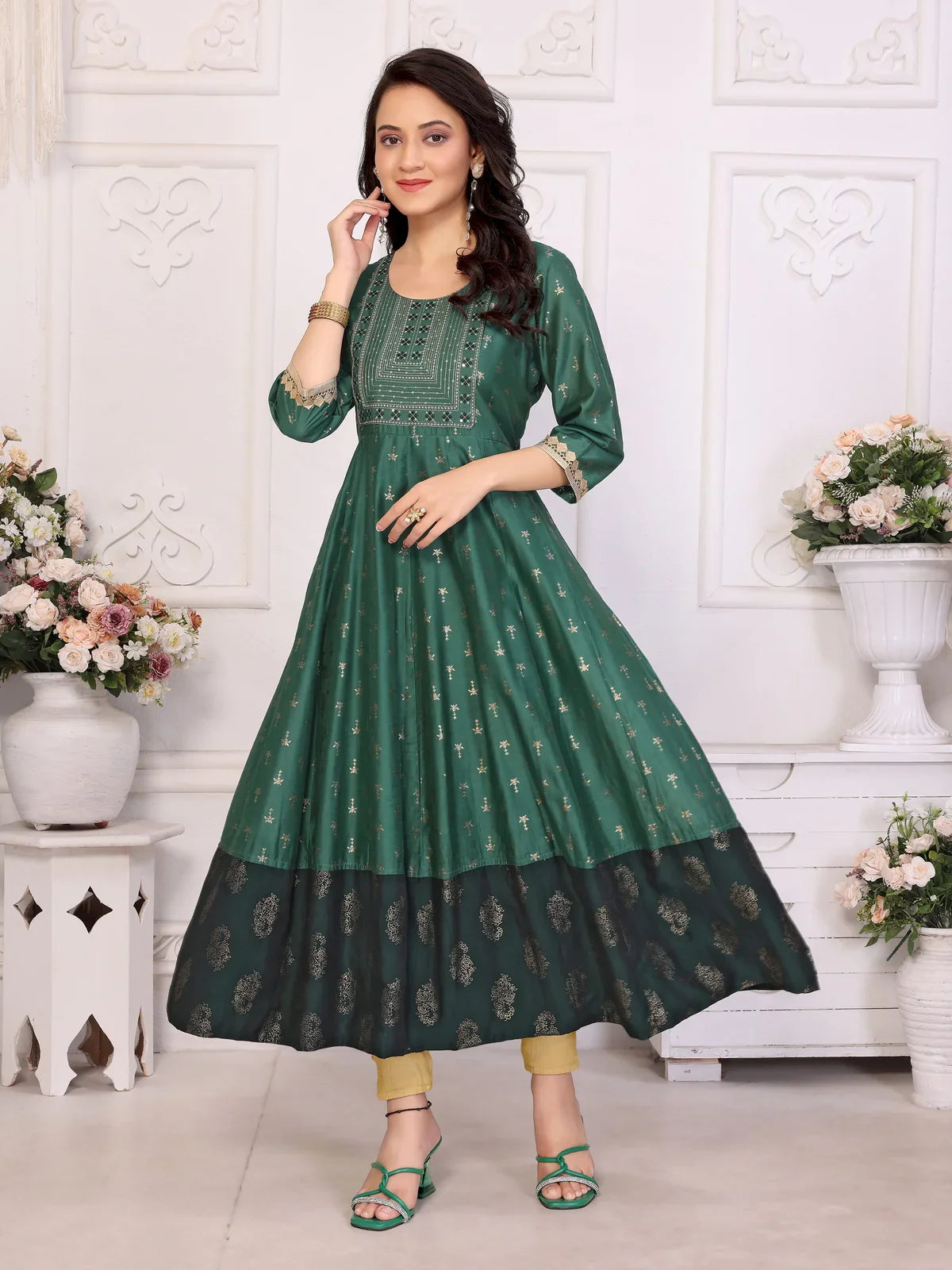 Buy Viscose Blend Embroidered Calf Length Anarkali Kurta-Green