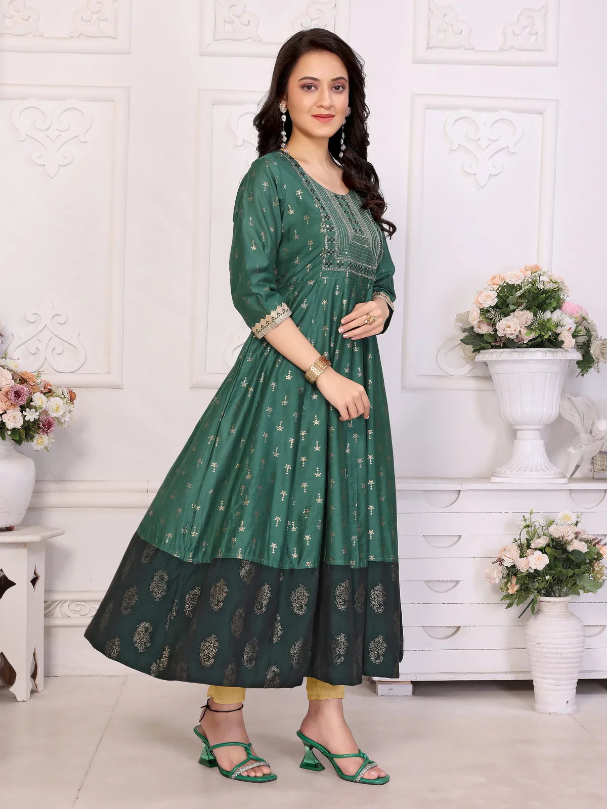 Buy Viscose Blend Embroidered Calf Length Anarkali Kurta-Green