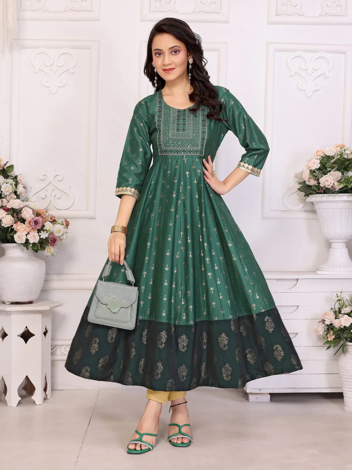 Buy Viscose Blend Embroidered Calf Length Anarkali Kurta-Green