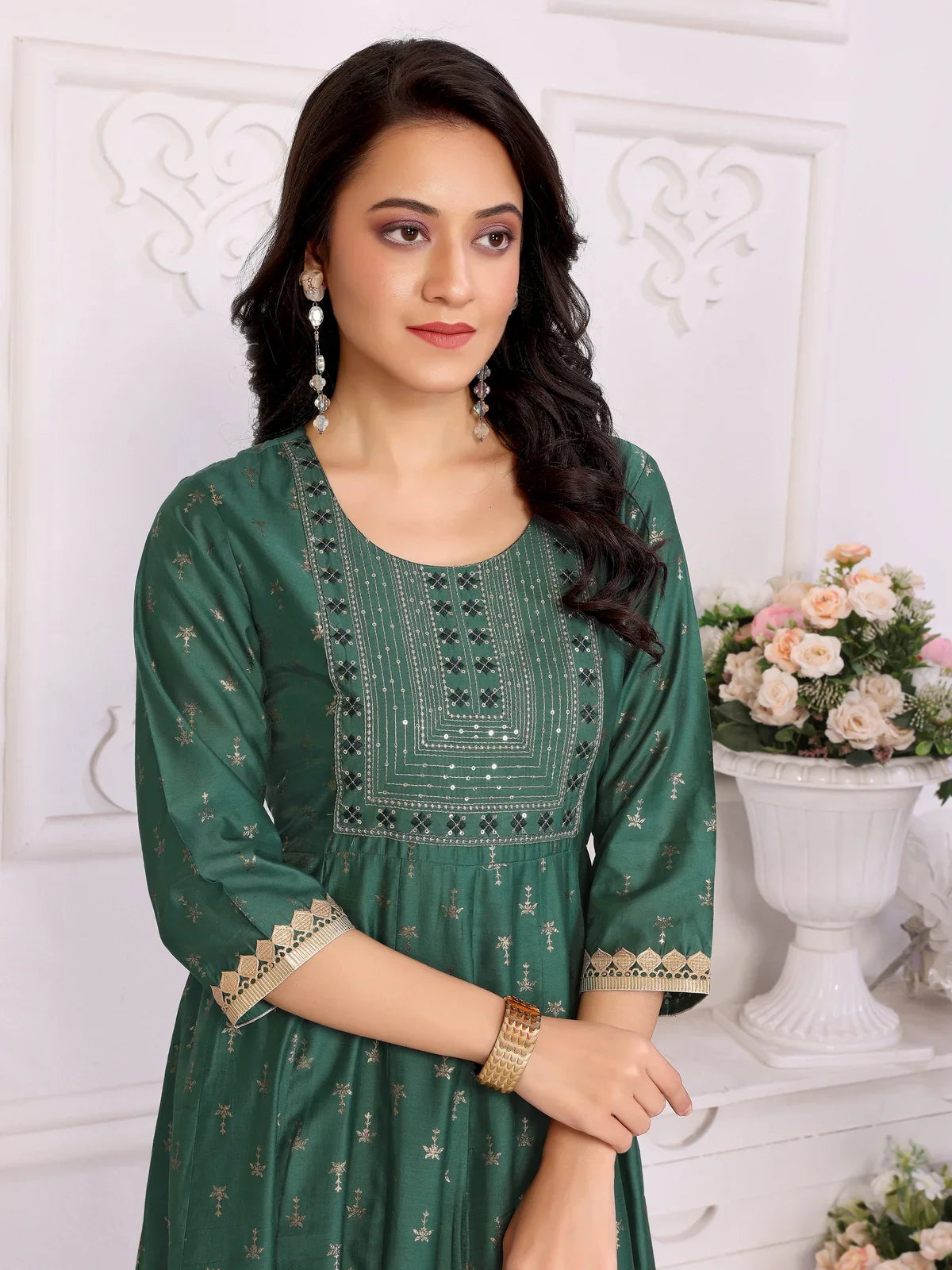 Buy Viscose Blend Embroidered Calf Length Anarkali Kurta-Green