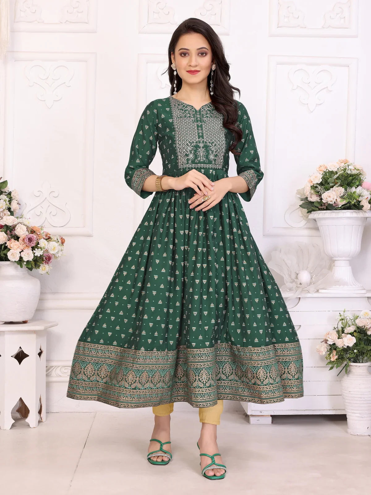 Buy Viscose Blend Embroidered Calf Length Anarkali Kurta-Green