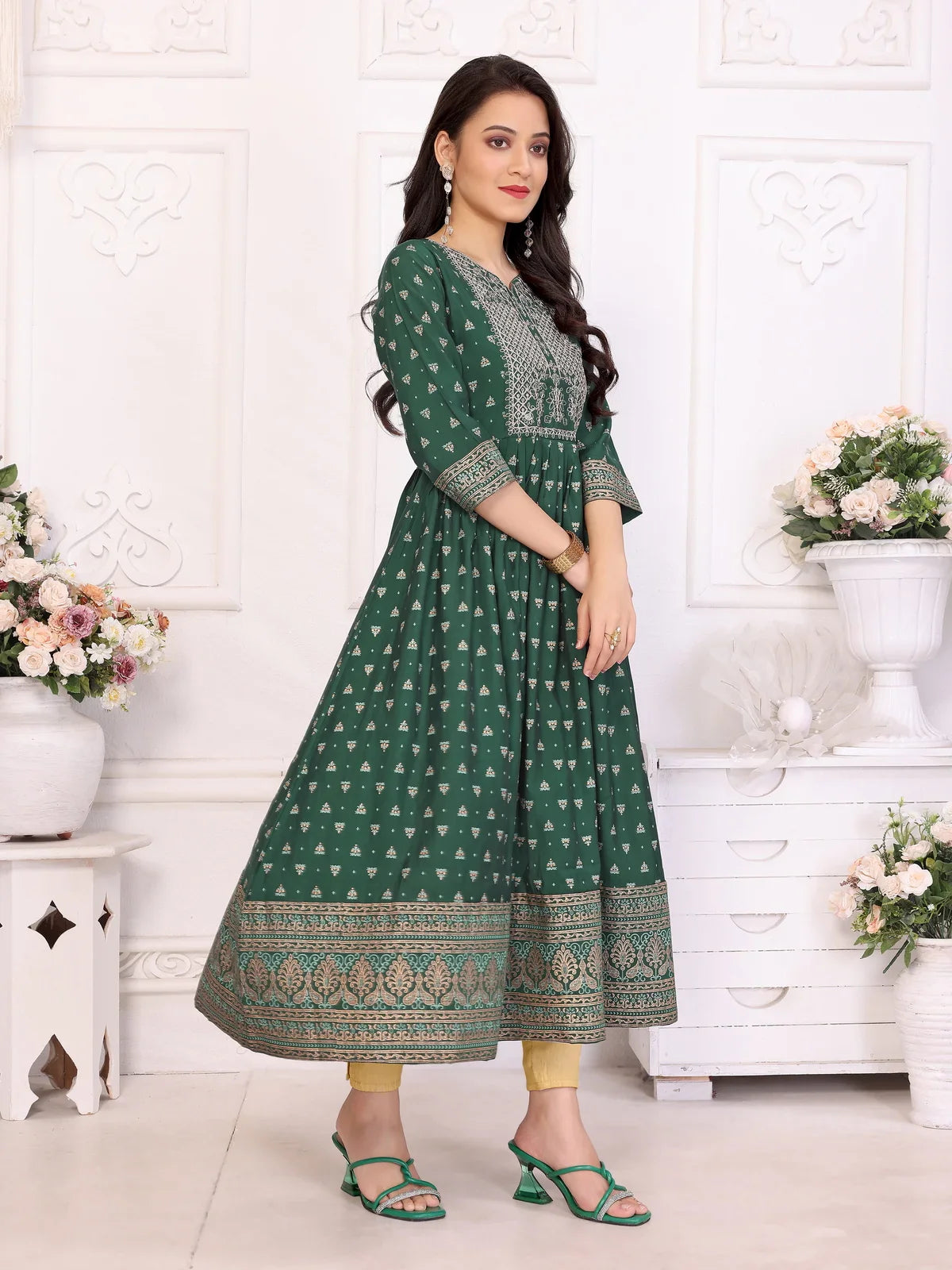 Buy Viscose Blend Embroidered Calf Length Anarkali Kurta-Green