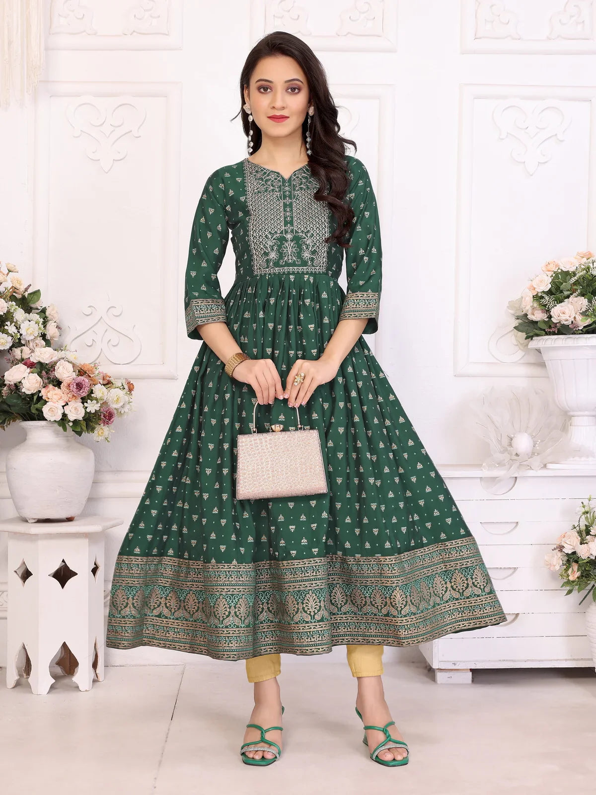 Buy Viscose Blend Embroidered Calf Length Anarkali Kurta-Green