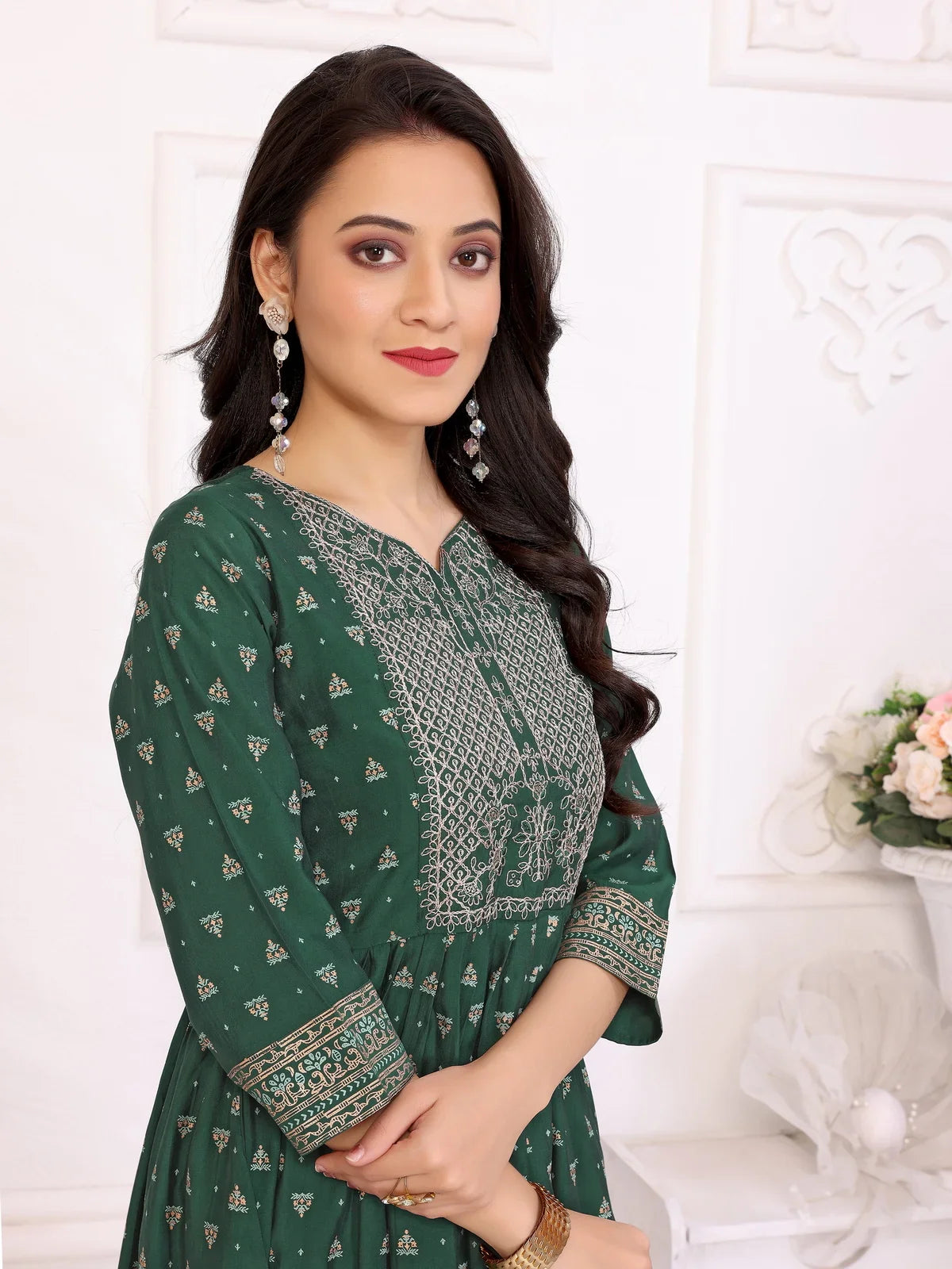 Buy Viscose Blend Embroidered Calf Length Anarkali Kurta-Green