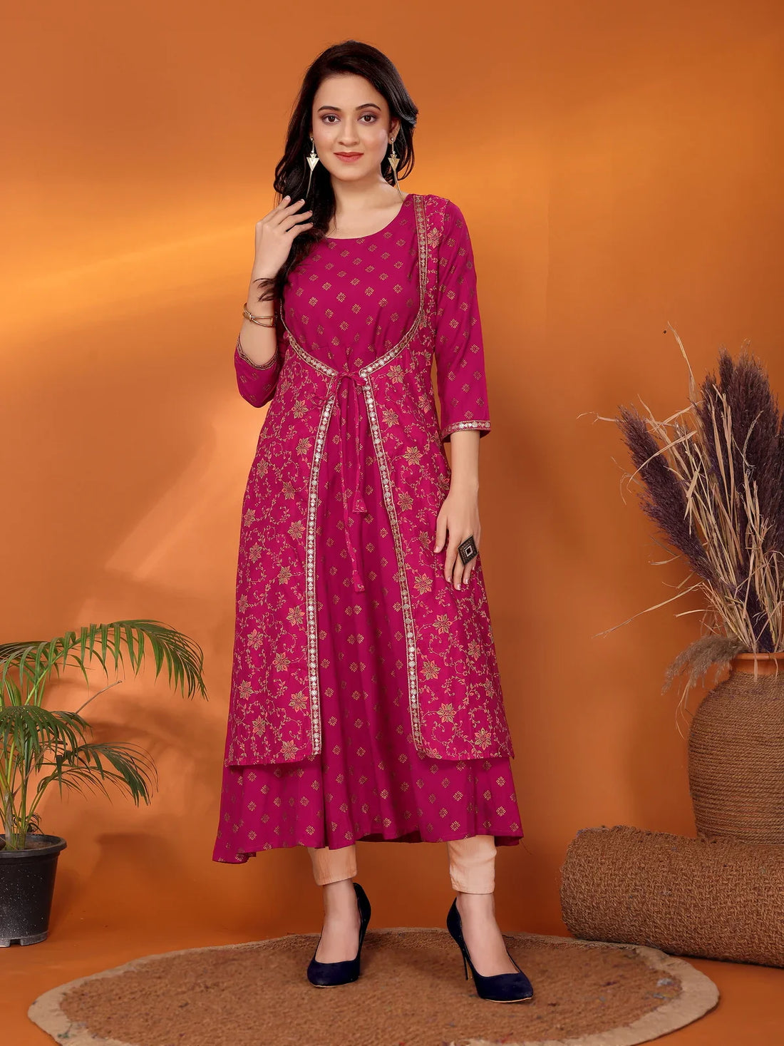 Buy Viscose Blend Embroidered Calf Length Anarkali Kurta with Jacket-Magenta