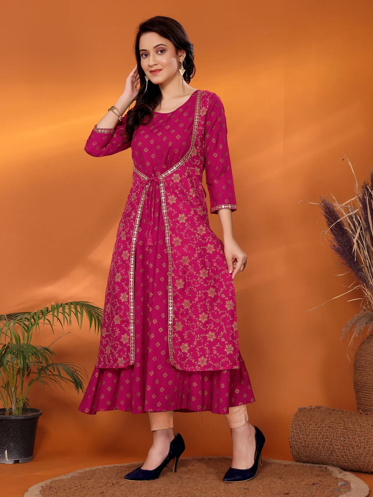 Buy Viscose Blend Embroidered Calf Length Anarkali Kurta with Jacket-Magenta