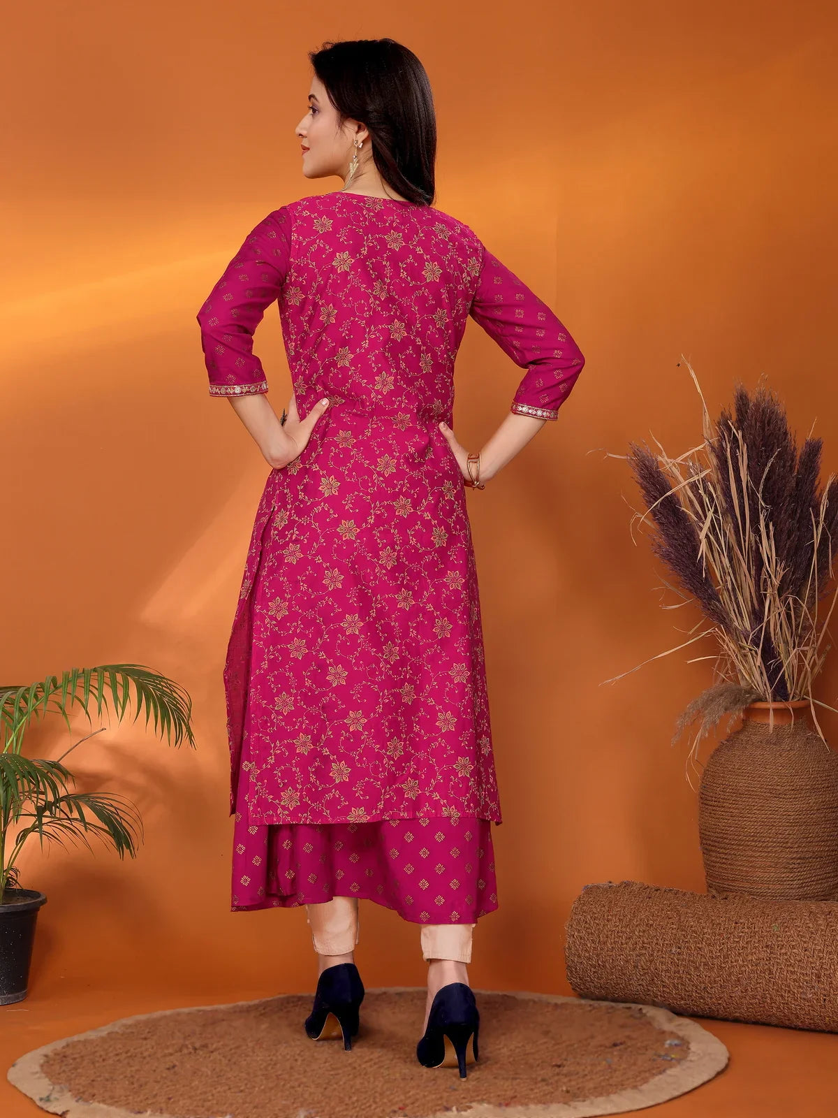 Buy Viscose Blend Embroidered Calf Length Anarkali Kurta with Jacket-Magenta