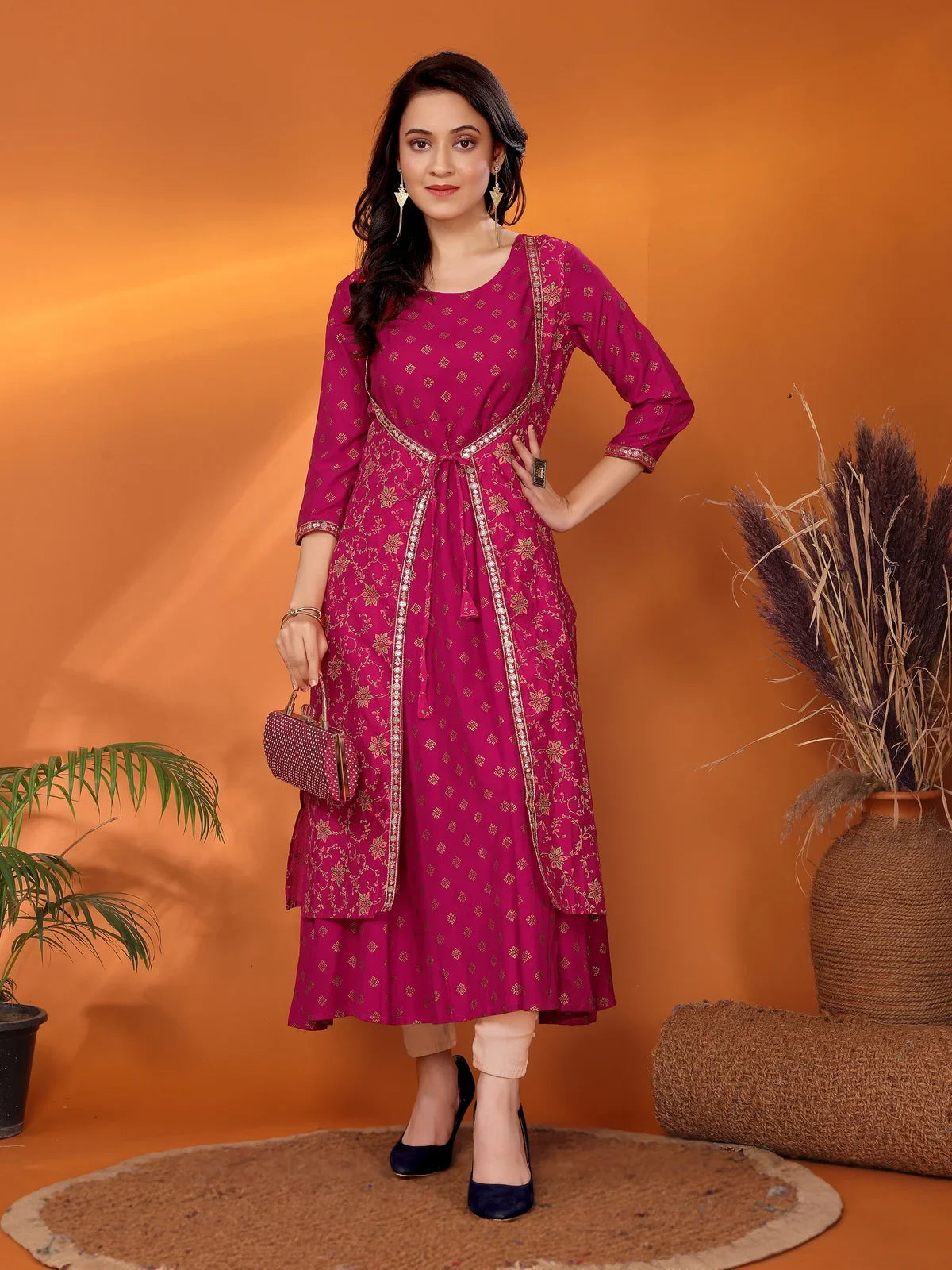 Buy Viscose Blend Embroidered Calf Length Anarkali Kurta with Jacket-Magenta