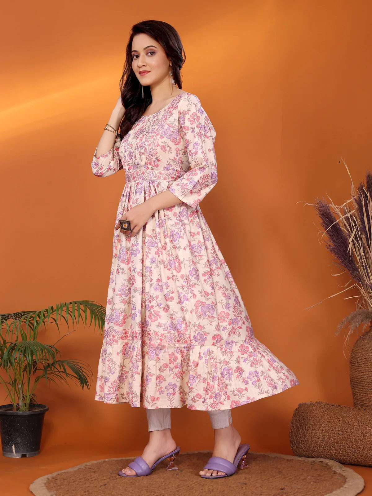 Buy Viscose Blend Printed Calf Length Tiered Flared Kurta-Off White