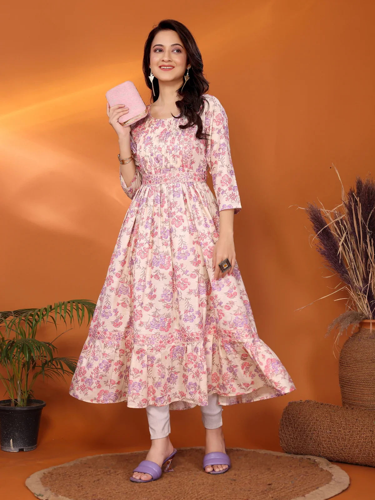 Buy Viscose Blend Printed Calf Length Tiered Flared Kurta-Off White