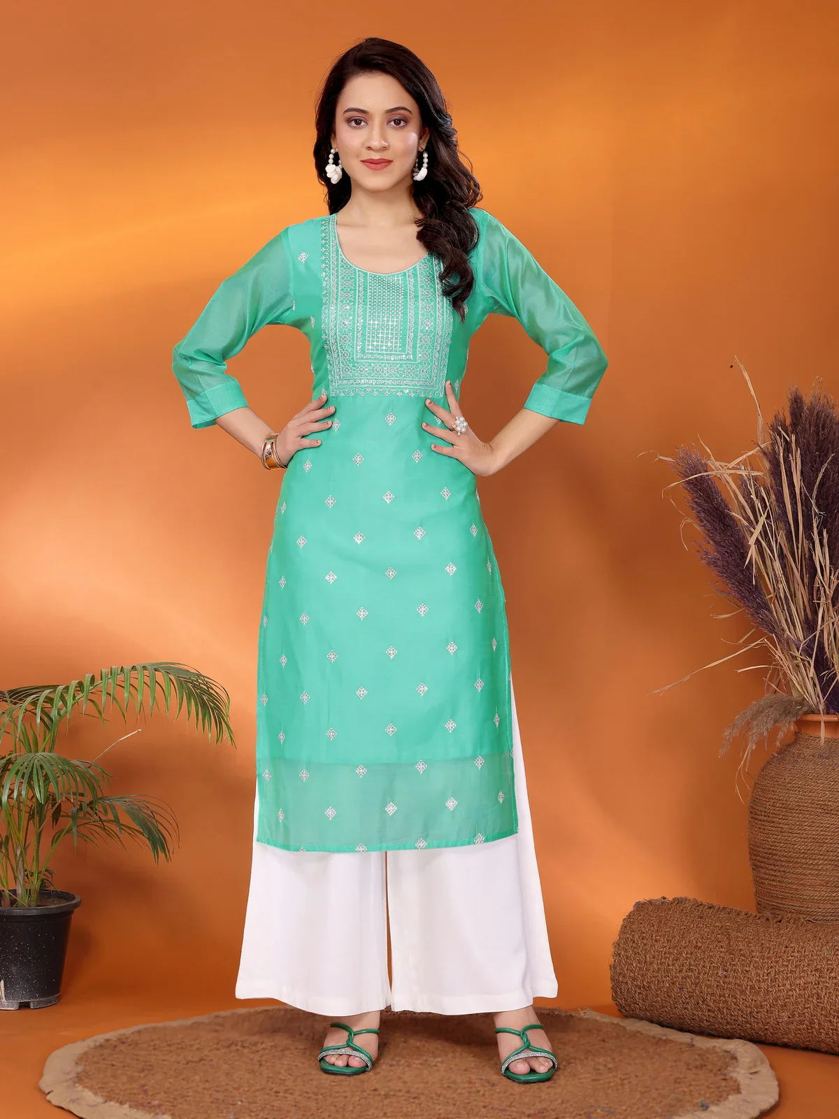 Buy Viscose Blend Embroidered Calf Length Straight Kurta-Sea Green