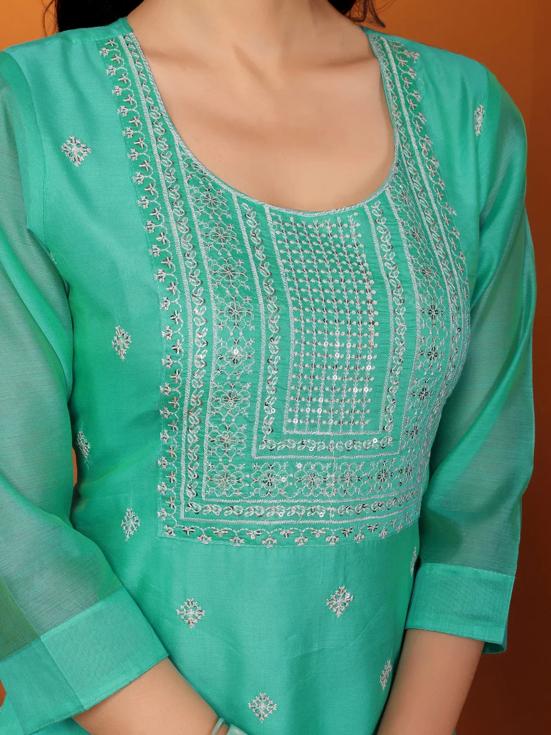 Buy Viscose Blend Embroidered Calf Length Straight Kurta-Sea Green